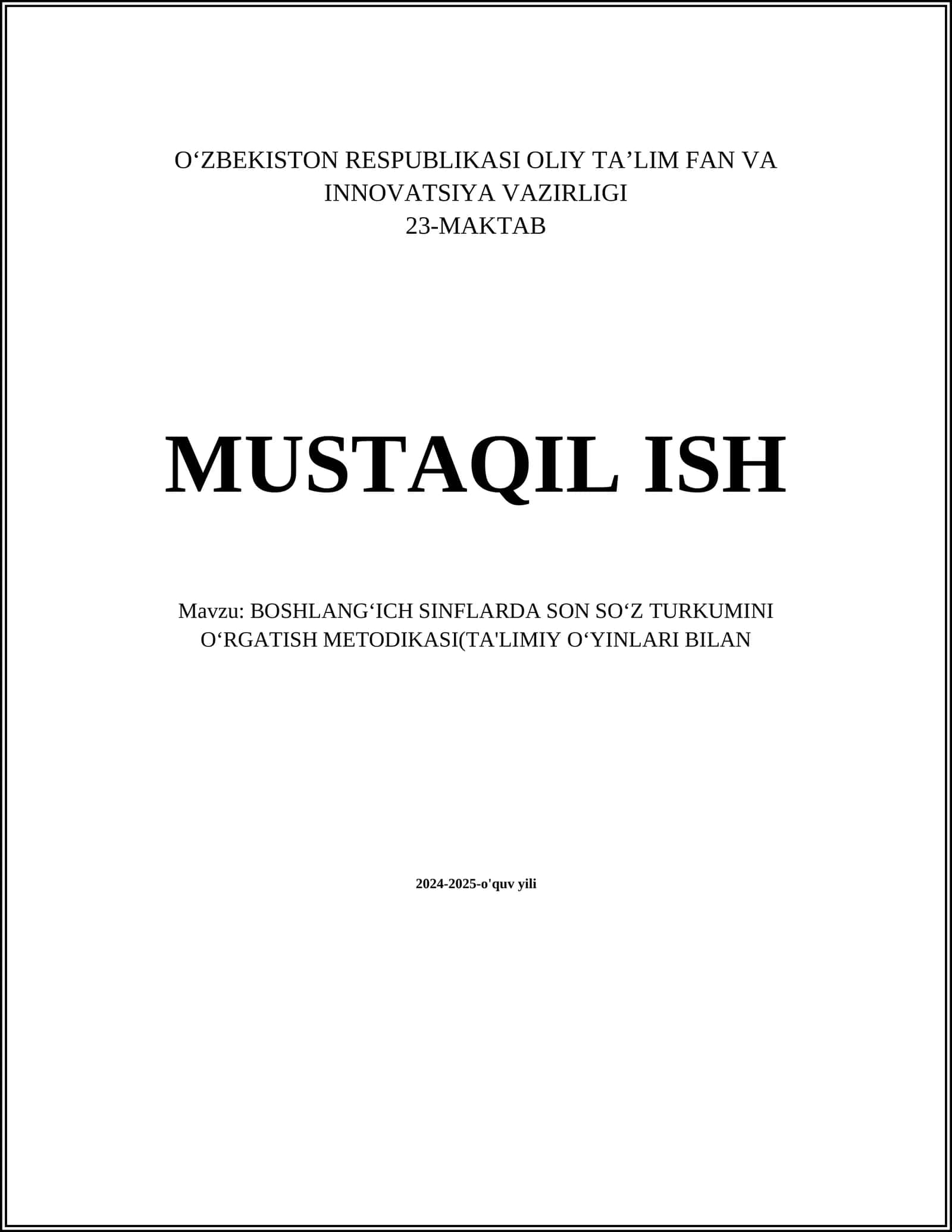 BOSHLANGʻICH SINFLARDA SON SOʻZ TURKUMINI OʻRGATISH METODIKASI(TA'LIMIY OʻYINLARI BILAN