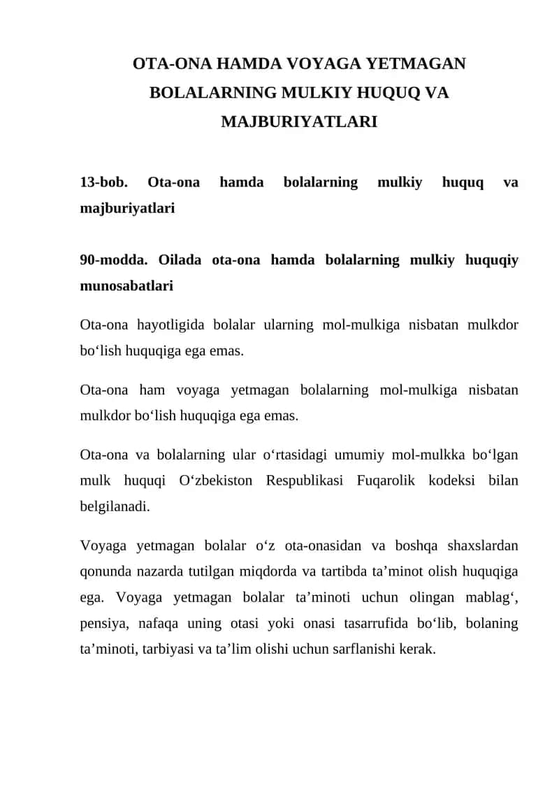 Ota-ona hamda voyaga yetmagan bolalarning mulkiy huquq va majburiyatlari