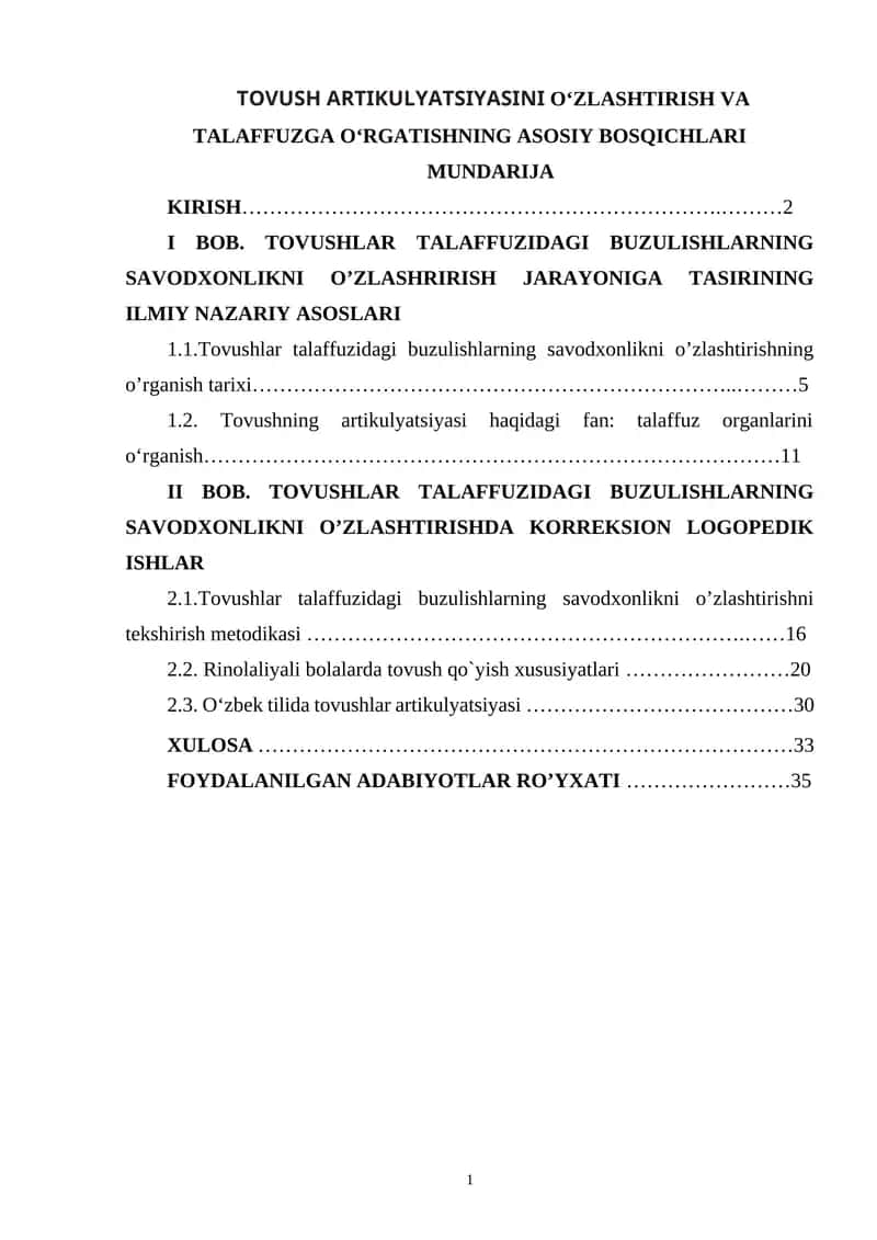 TOVUSH ARTIKULYATSIYASINI O‘ZLASHTIRISH VA TALAFFUZGA O‘RGATISHNING ASOSIY BOSQICHLARI