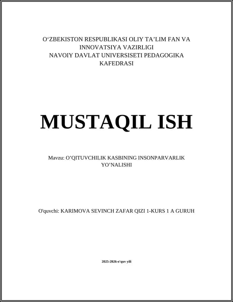 O'QITUVCHILIK KASBINING INSONPARVARLIK YO’NALISHI