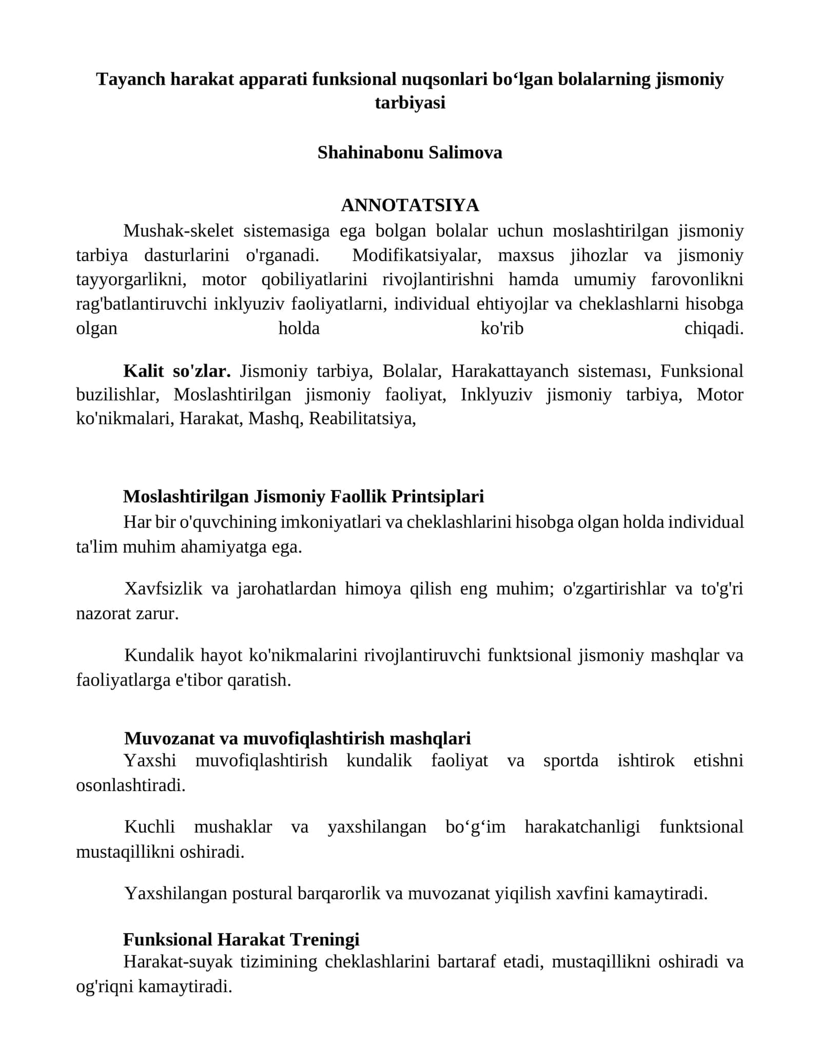 Tayanch harakat apparati funksional nuqsonlari boʻlgan bolalarning jismoniy tarbiyasi