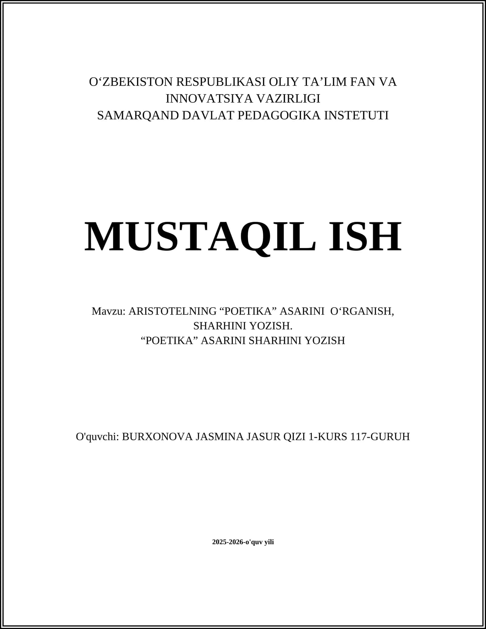 ARISTOTELNING “POETIKA” ASARINI O‘RGANISH, SHARHINI YOZISH