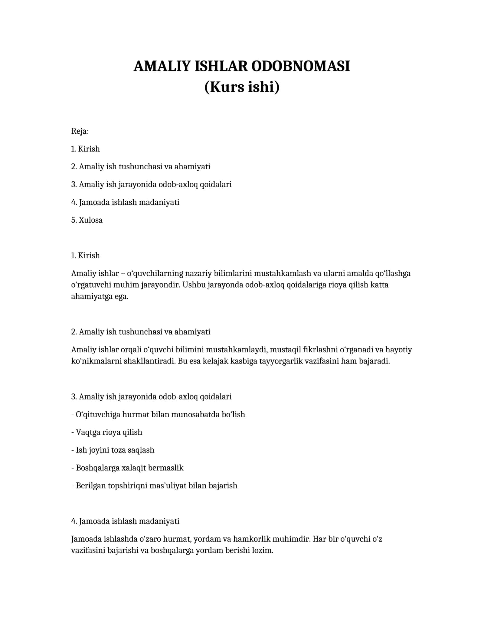 AMALIY ISHLAR ODOBNOMASI (Kurs ishi)