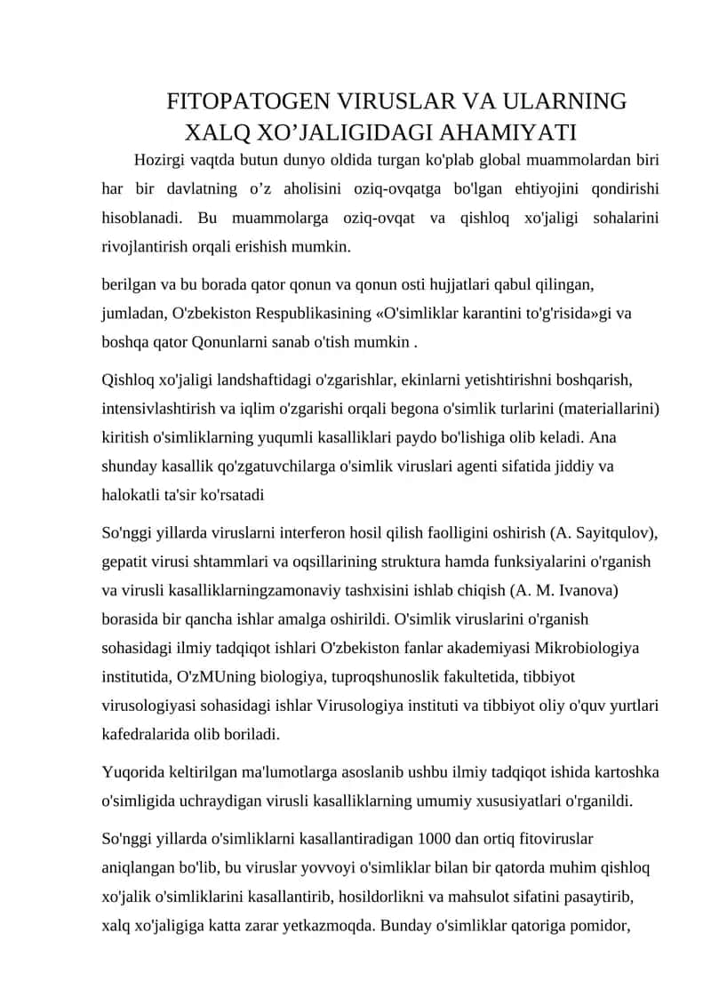 FITOPATOGEN VIRUSLAR VA ULARNING XALQ XO’JALIGIDAGI AHAMIYATI