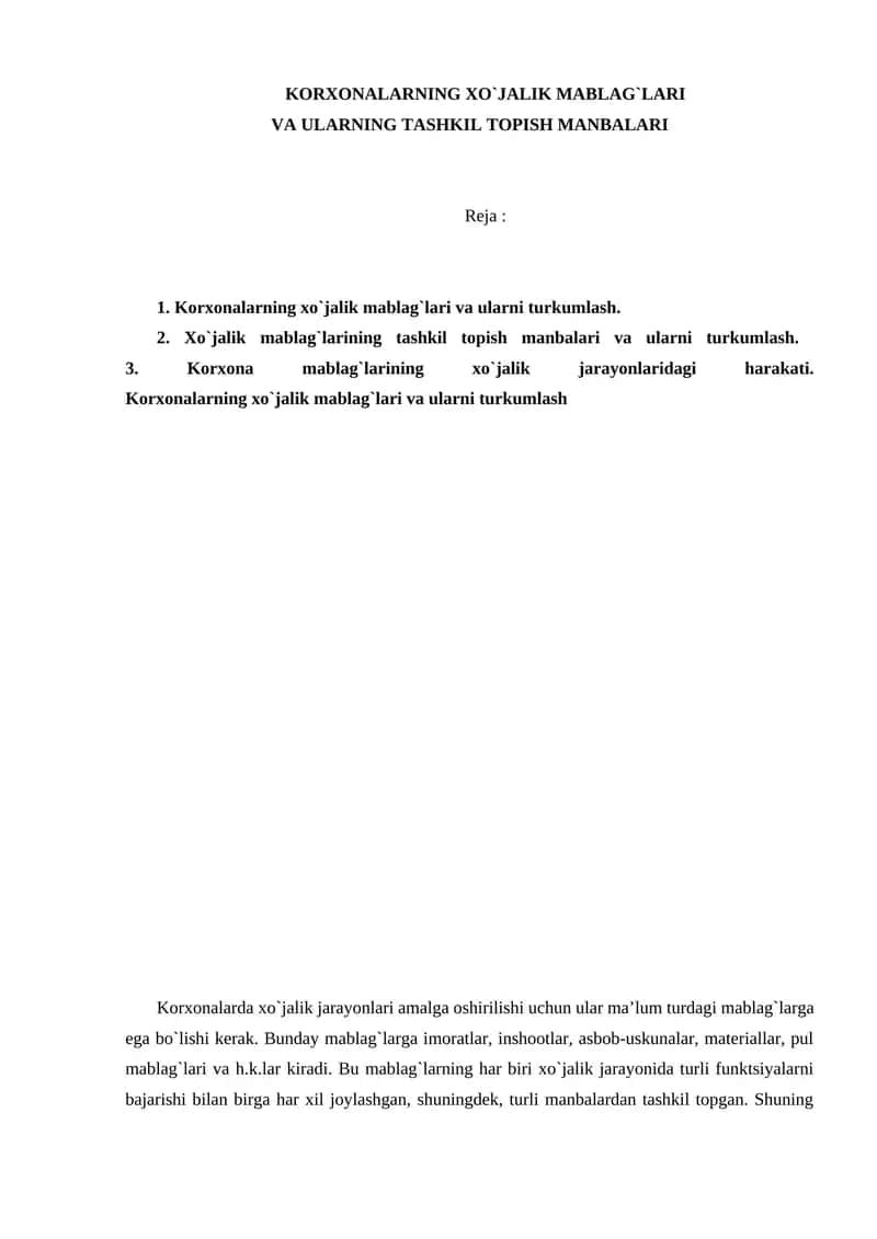 Korxonalarning xo`jalik mablag`lari va ularni turkumlash