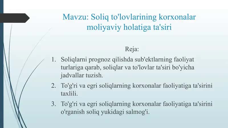 Soliq to'lovlarining korxonalar moliyaviy holatiga ta'siri