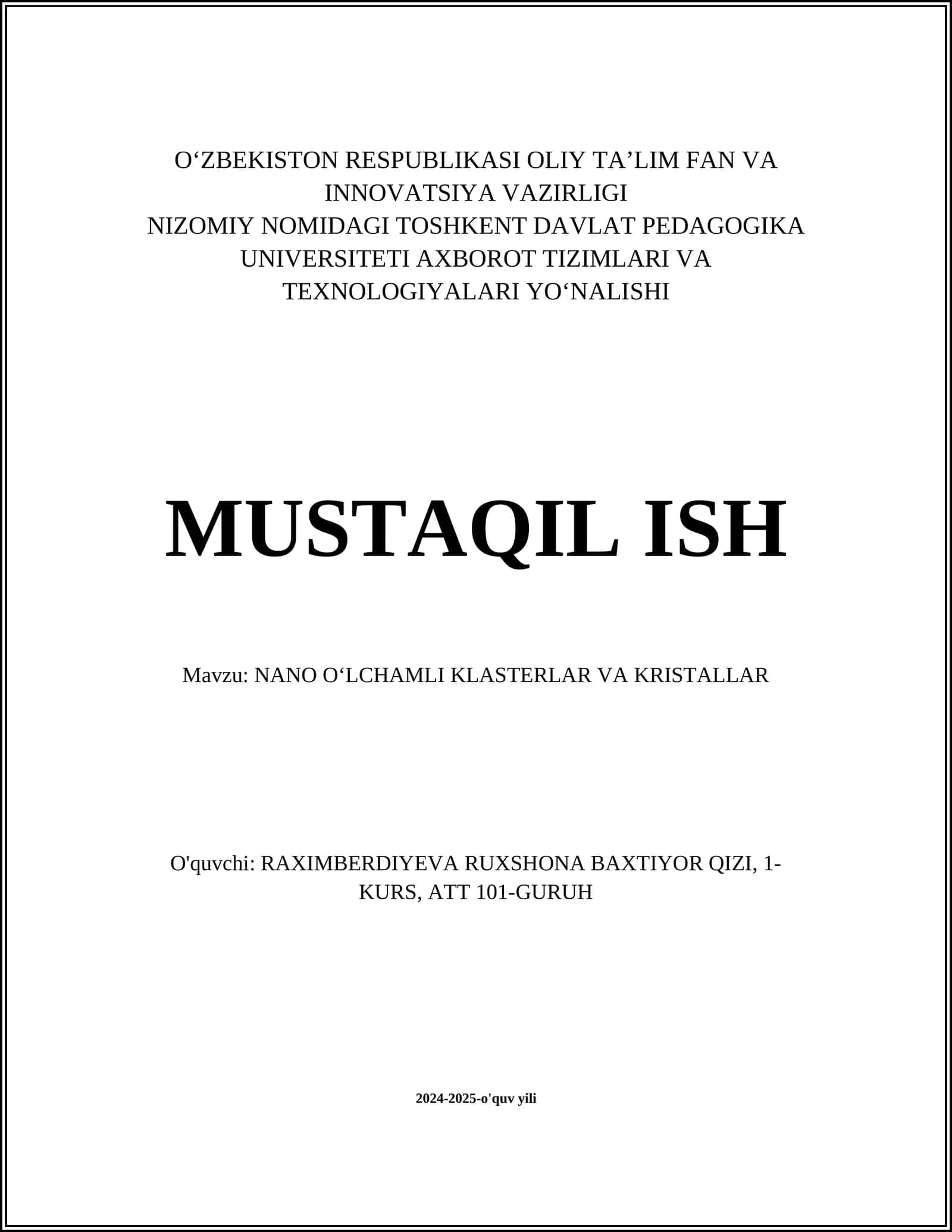 NANO OʻLCHAMLI KLASTERLAR VA KRISTALLAR