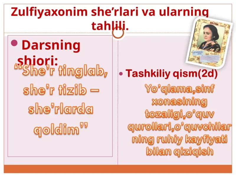 Zulfiyaxonim she’rlari va ularning tahlili.