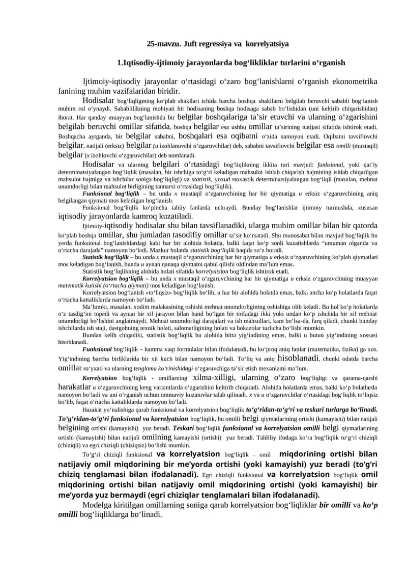 25-mavzu. Juft regressiya va korrelyatsiya
