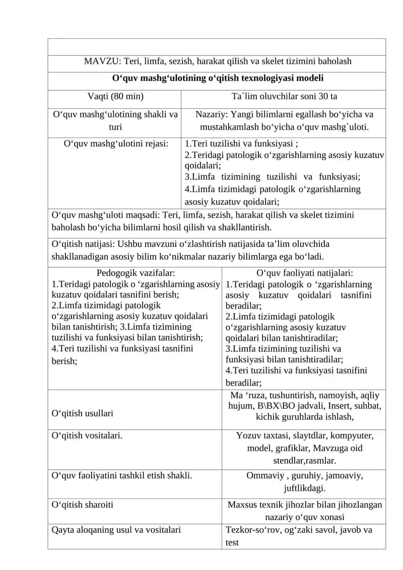 Teri, limfa, sezish, harakat qilish va skelet tizimini baholash