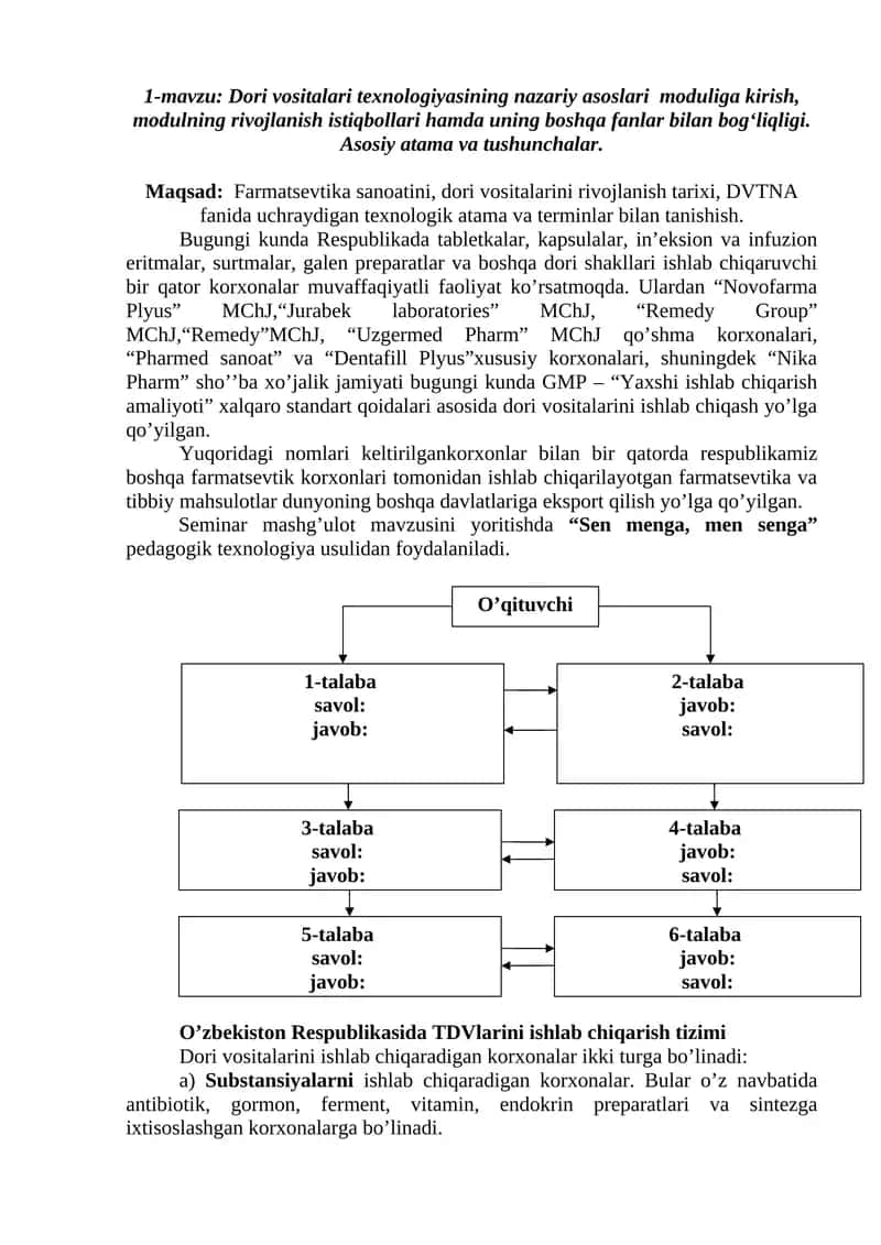Dori vositalari texnologiyasining nazariy asoslari