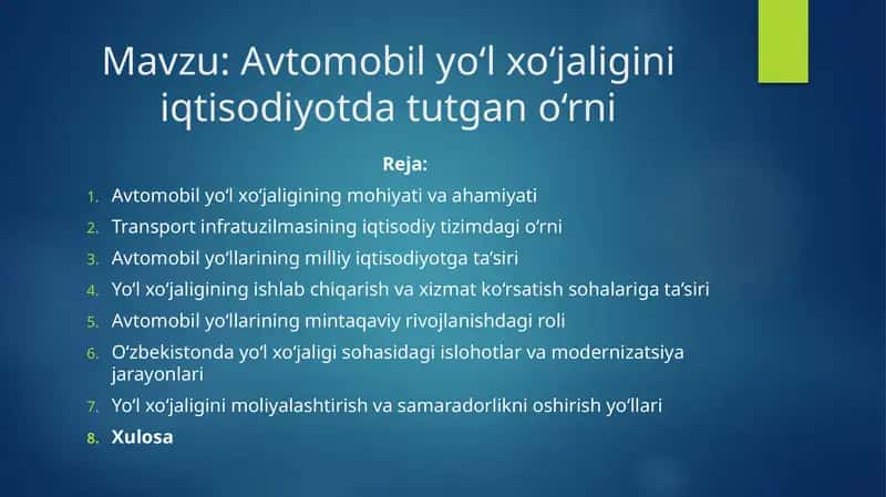 Avtomobil yo‘l xo‘jaligini iqtisodiyotda tutgan o‘rni 2