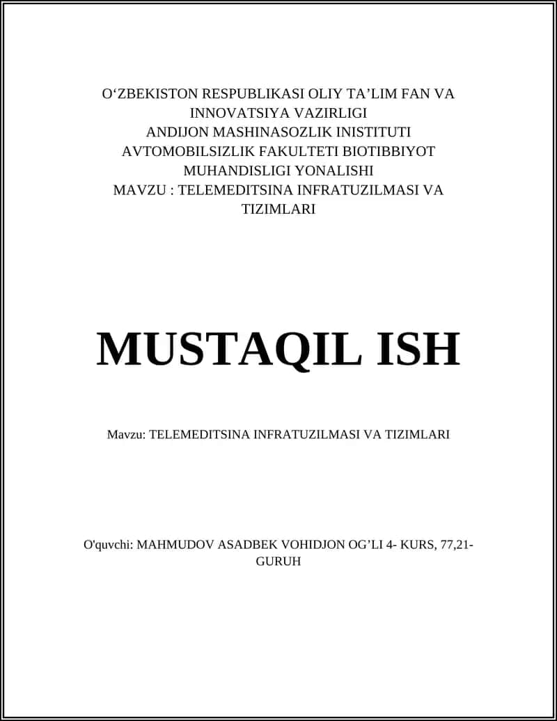 TELEMEDITSINA INFRATUZILMASI VA TIZIMLARI