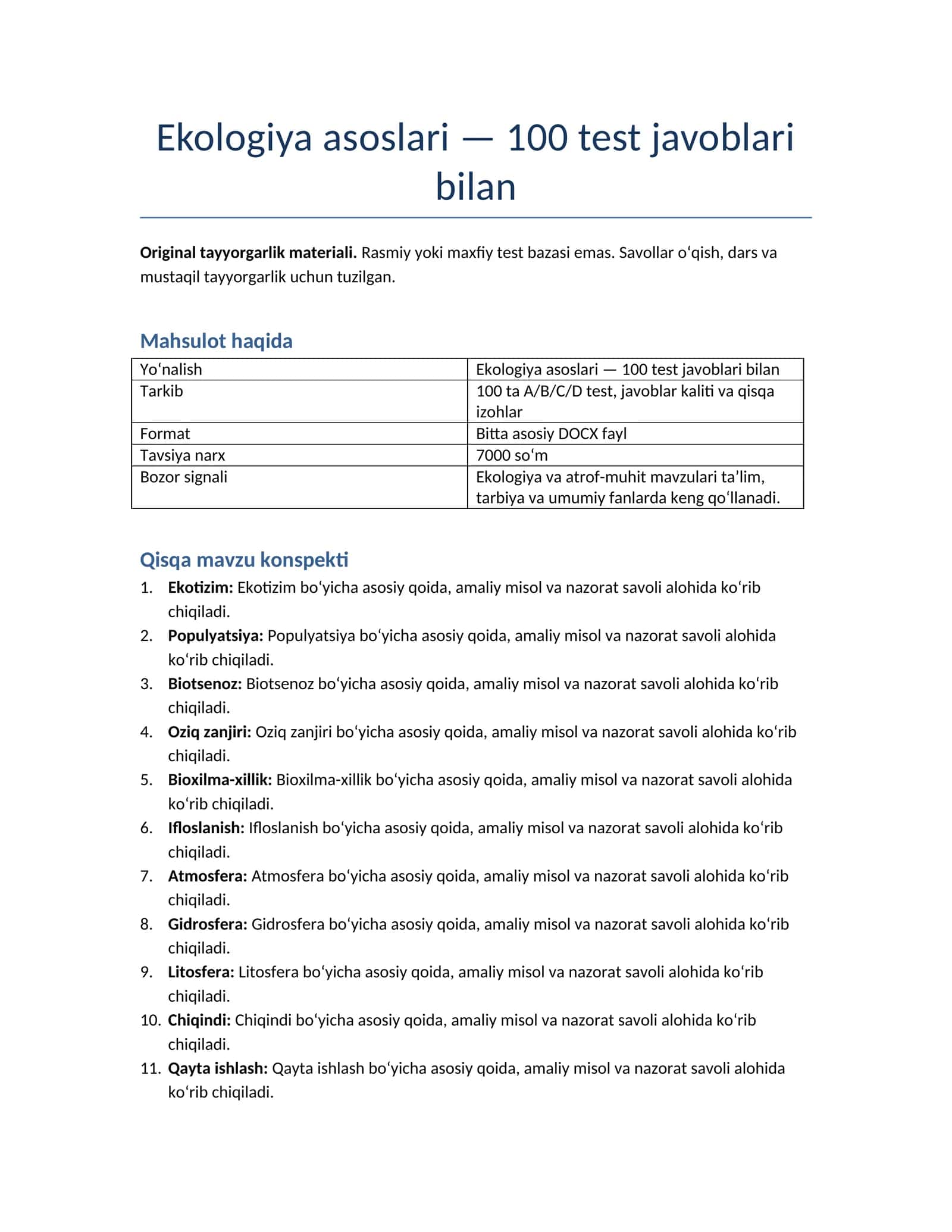 Ekologiya asoslari — 100 test javoblari bilan
