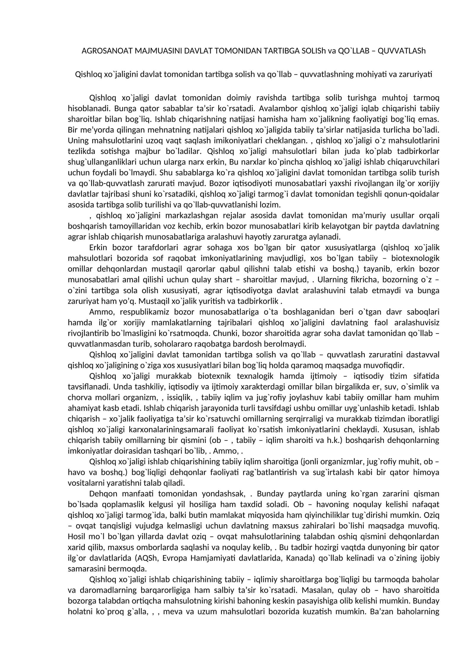 AGROSANOAT MAJMUASINI DAVLAT TOMONIDAN TARTIBGA SOLISh va QO`LLAB – QUVVATLASh