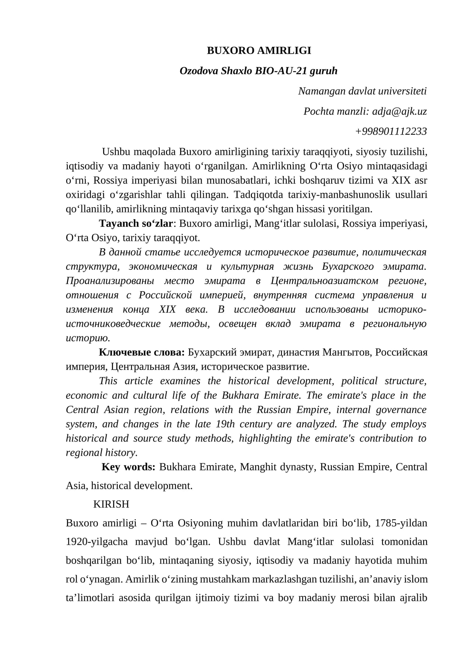 Buxoro amirligining tarixiy taraqqiyoti va siyosiy tuzilishi