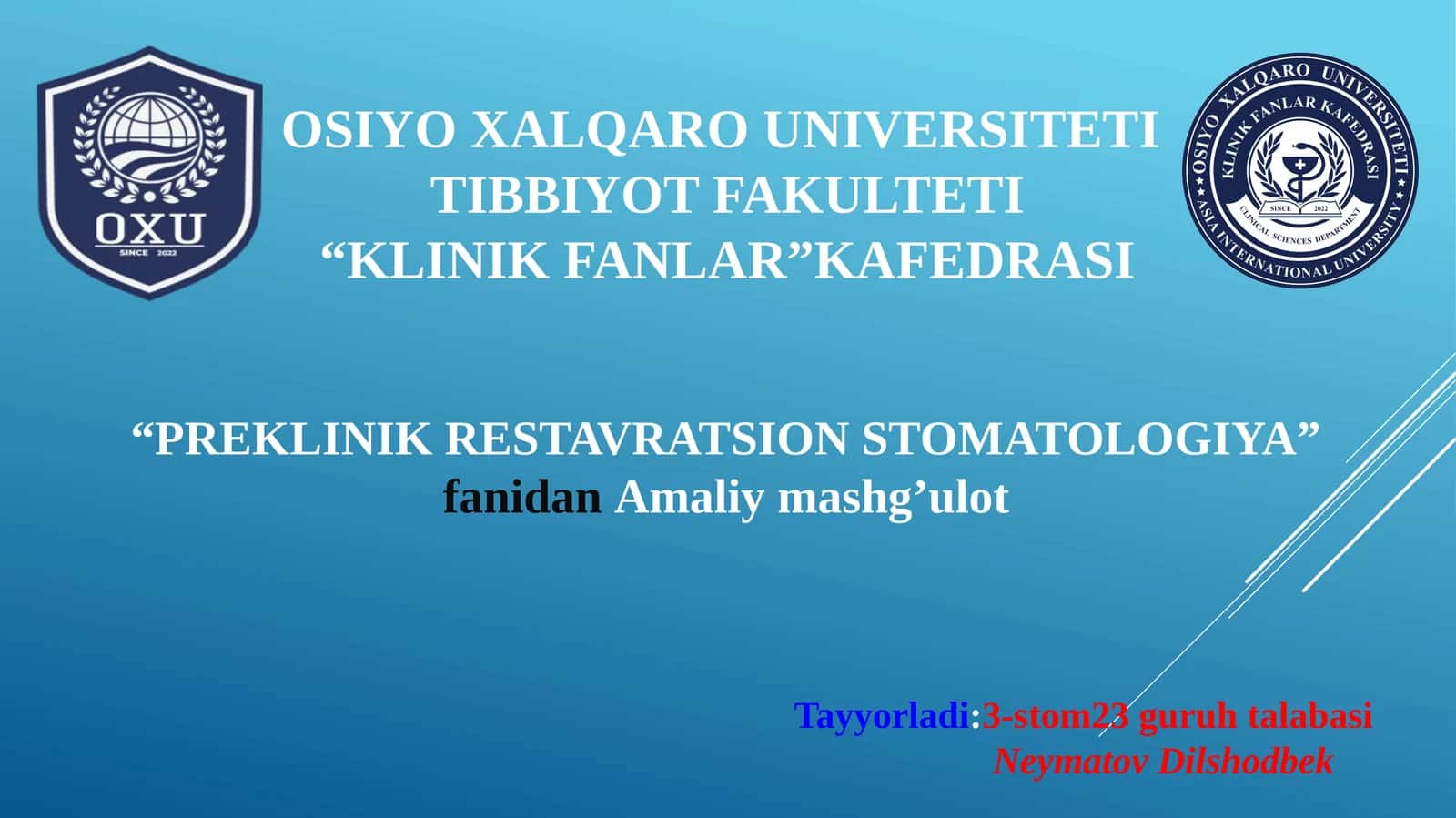 FANTOMLARDA II SINF KARIOZ BO‘SHLIQLARINI CHARXLASH VA PLOMBALASH