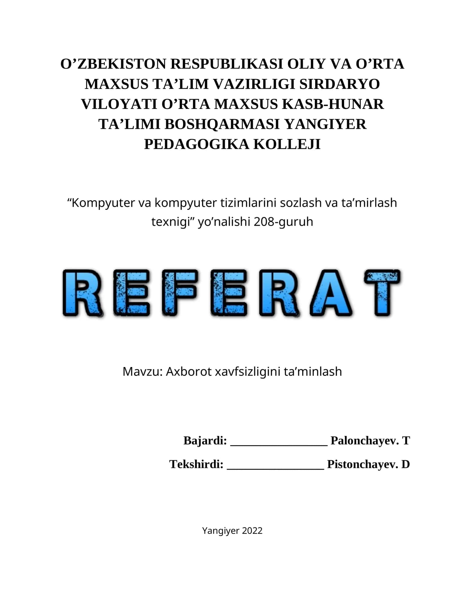 Kompyuter va kompyuter tizimlarini sozlash va ta’mirlash texnigi