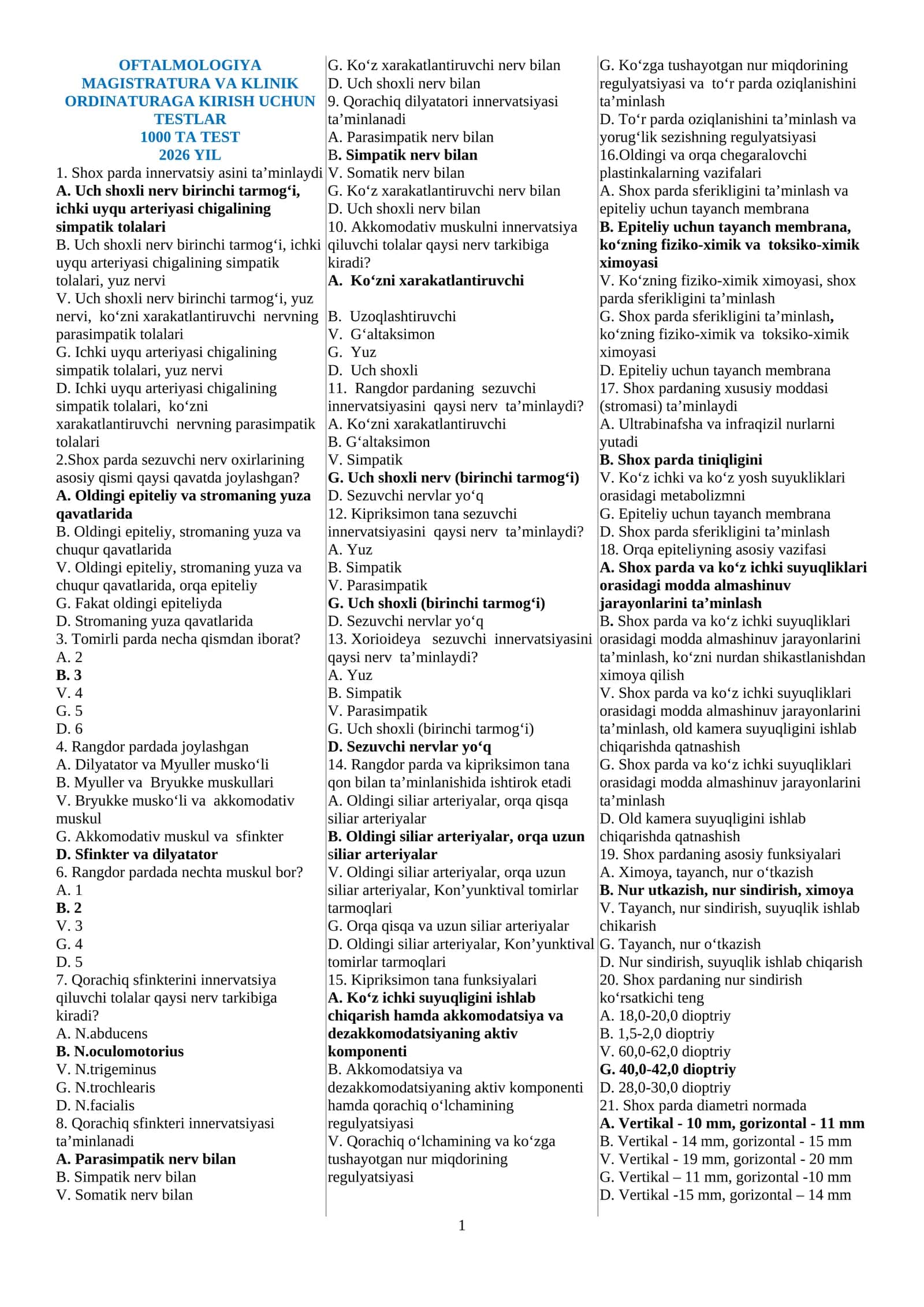 OFTALMOLOGIYA MAGISTRATURA VA KLINIK ORDINATURAGA KIRISH UCHUN TESTLAR 1000 TA 2026 YIL