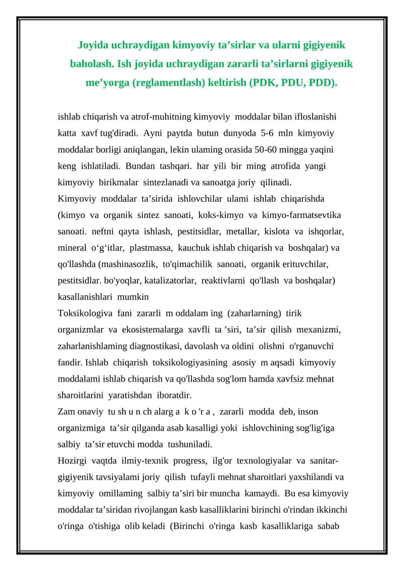 Kimyoviy moddalar va ularning gigiyenik baholash