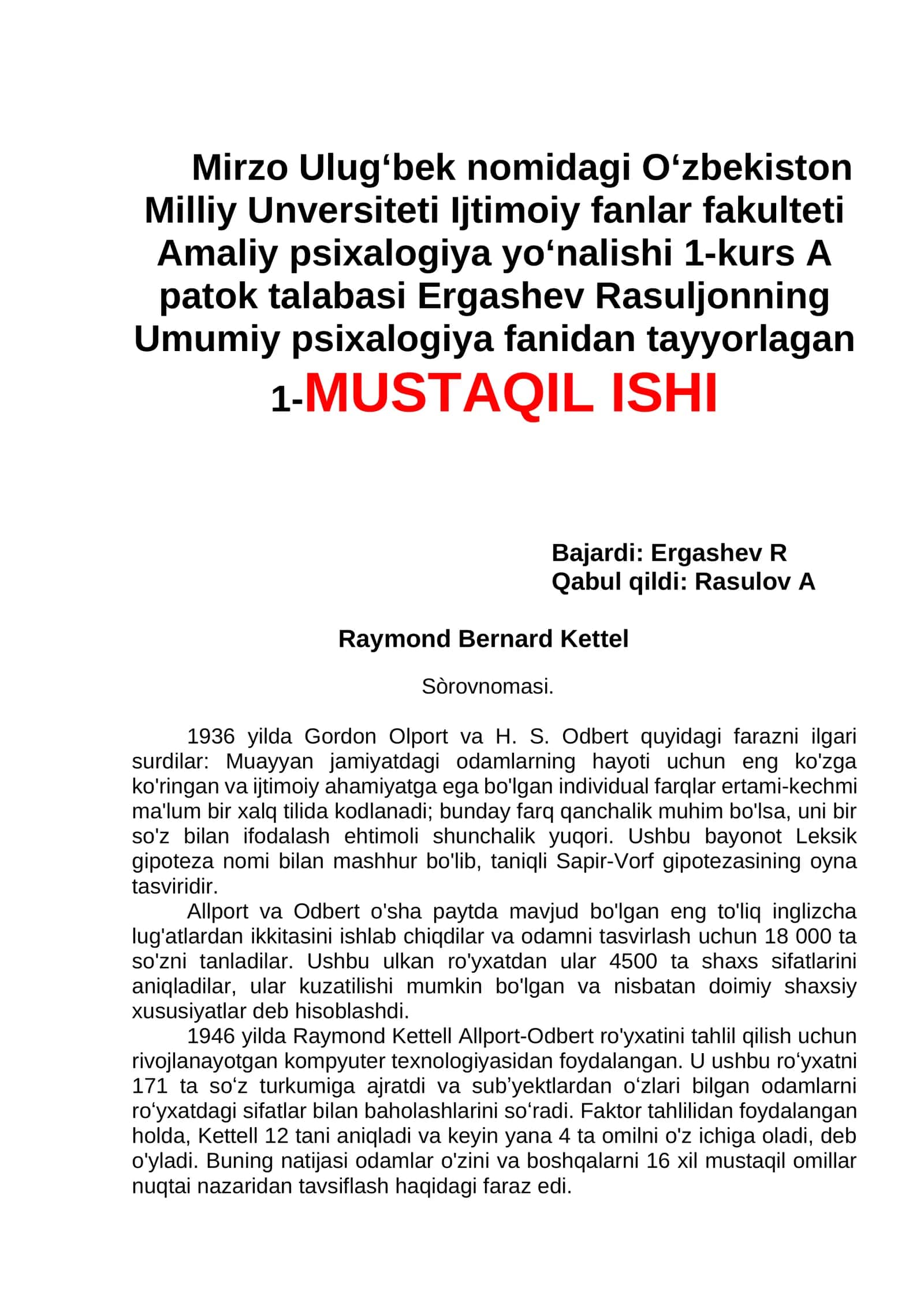 Umumiy psixalogiya fanidan tayyorlagan 1-MUSTAQIL ISHI