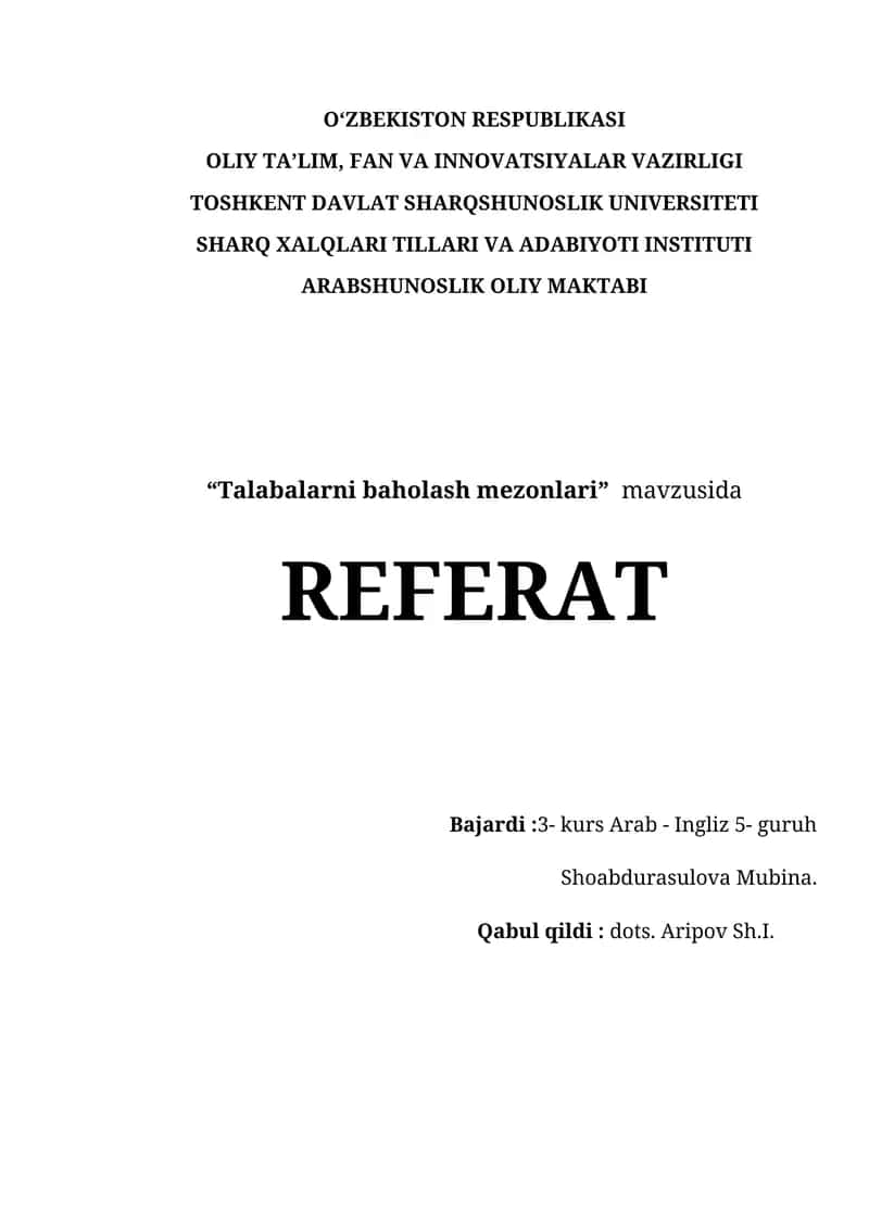 Talabalarni baholash mezonlari