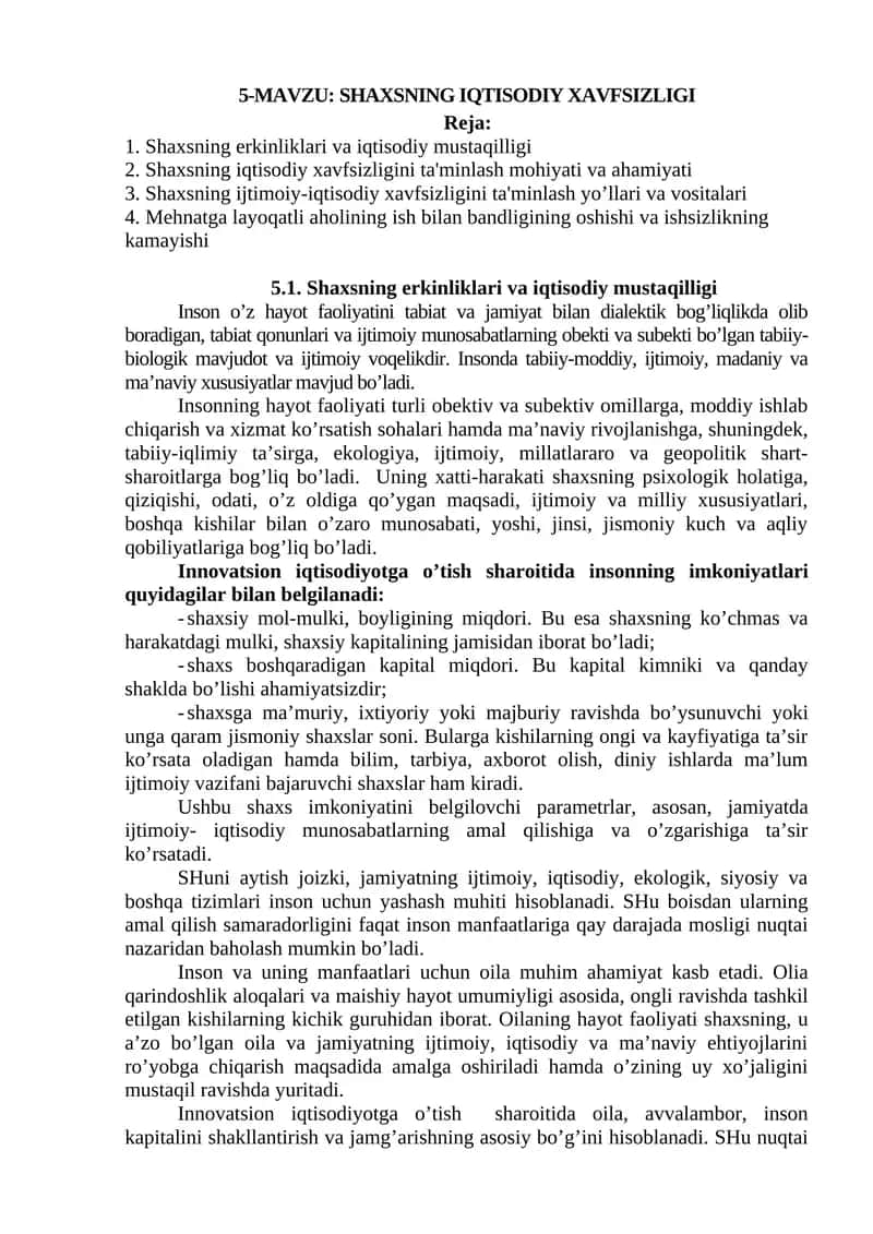 SHAXSNING IQTISODIY XAVFSIZLIGI