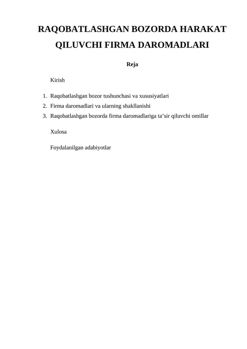 Raqobatlashgan bozorda harakat qiluvchi firma daromadlari