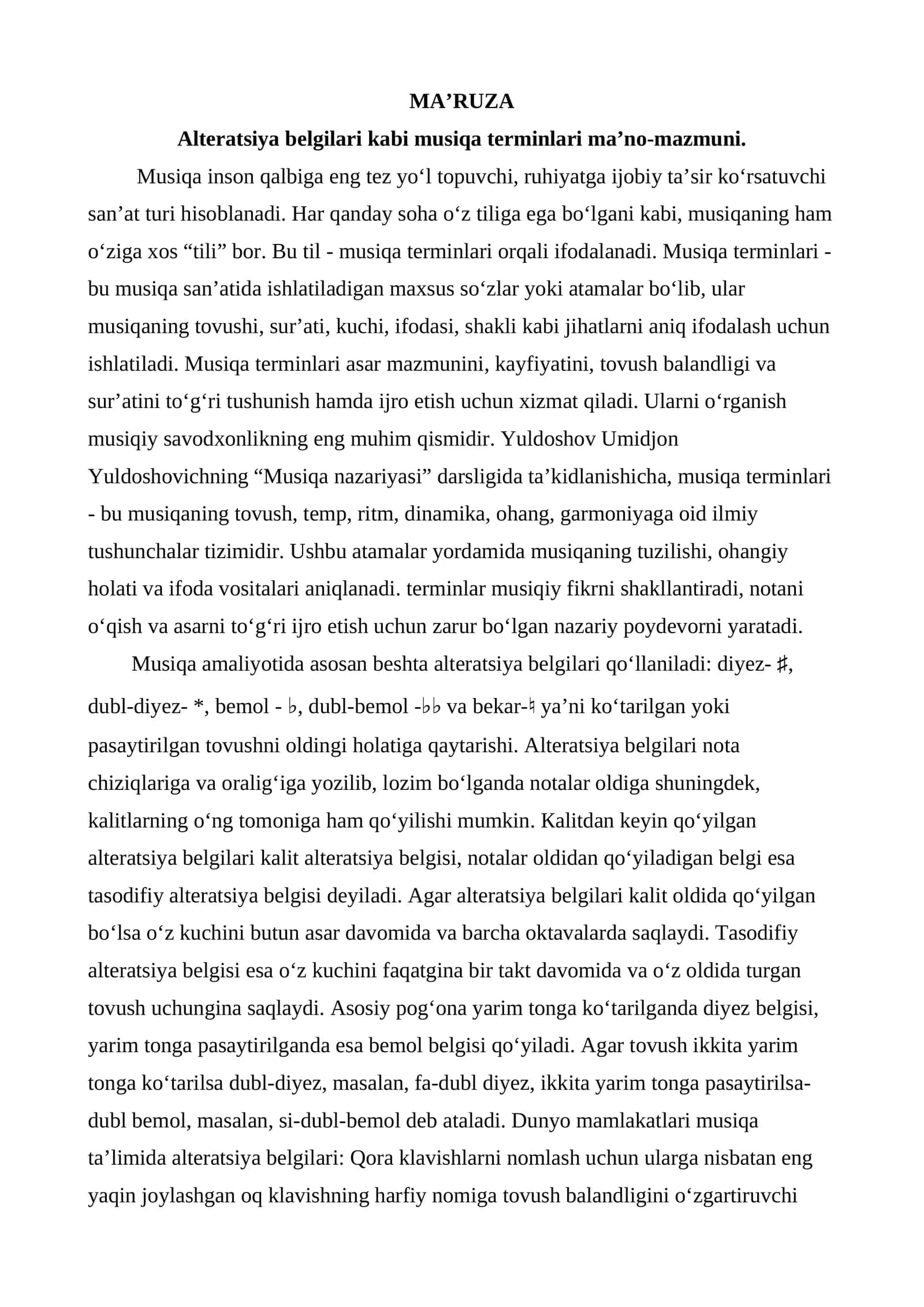 Alteratsiya belgilari kabi musiqa terminlari ma’no-mazmuni.