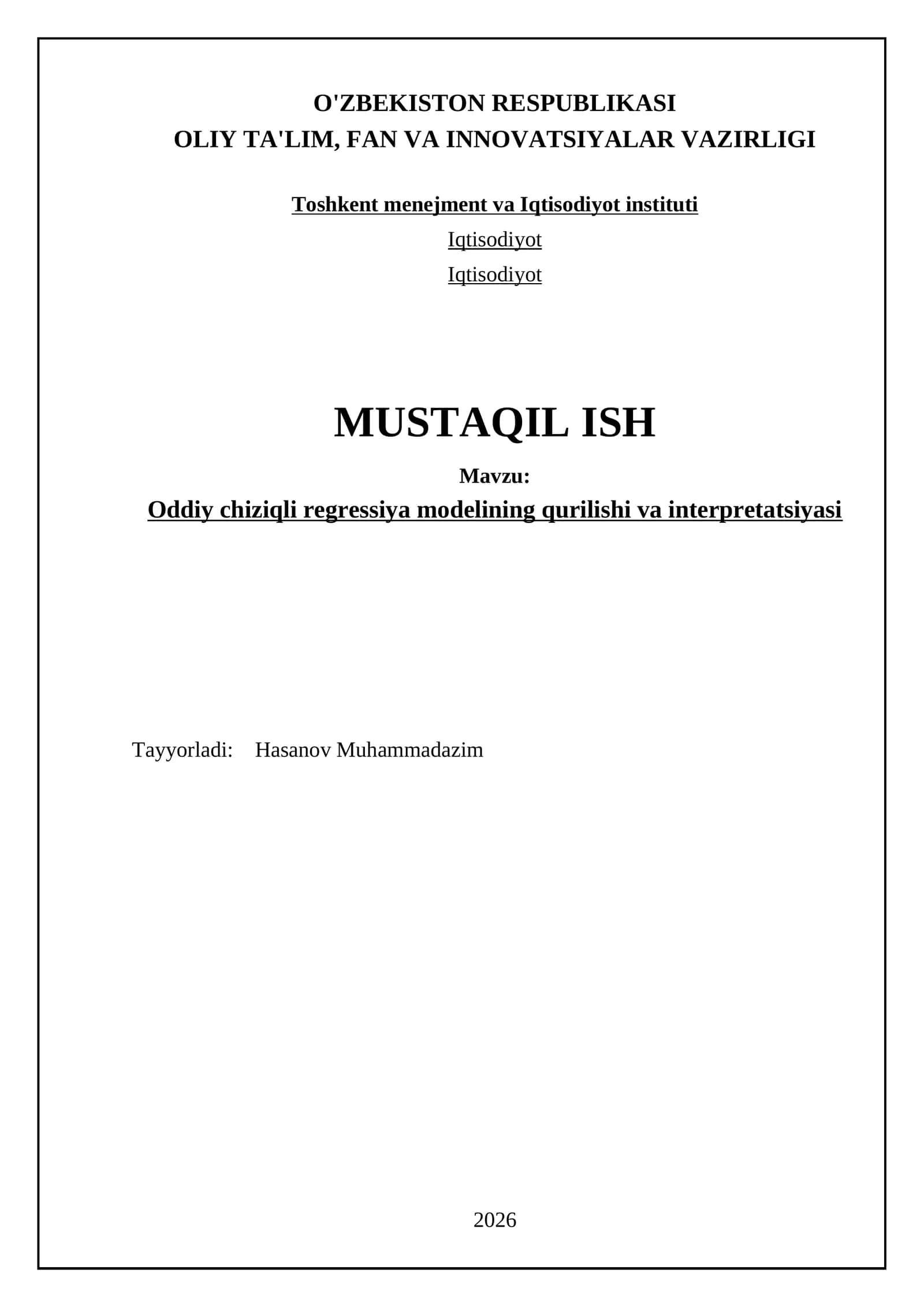 Oddiy chiziqli regressiya modelining qurilishi va interpretatsiyasi