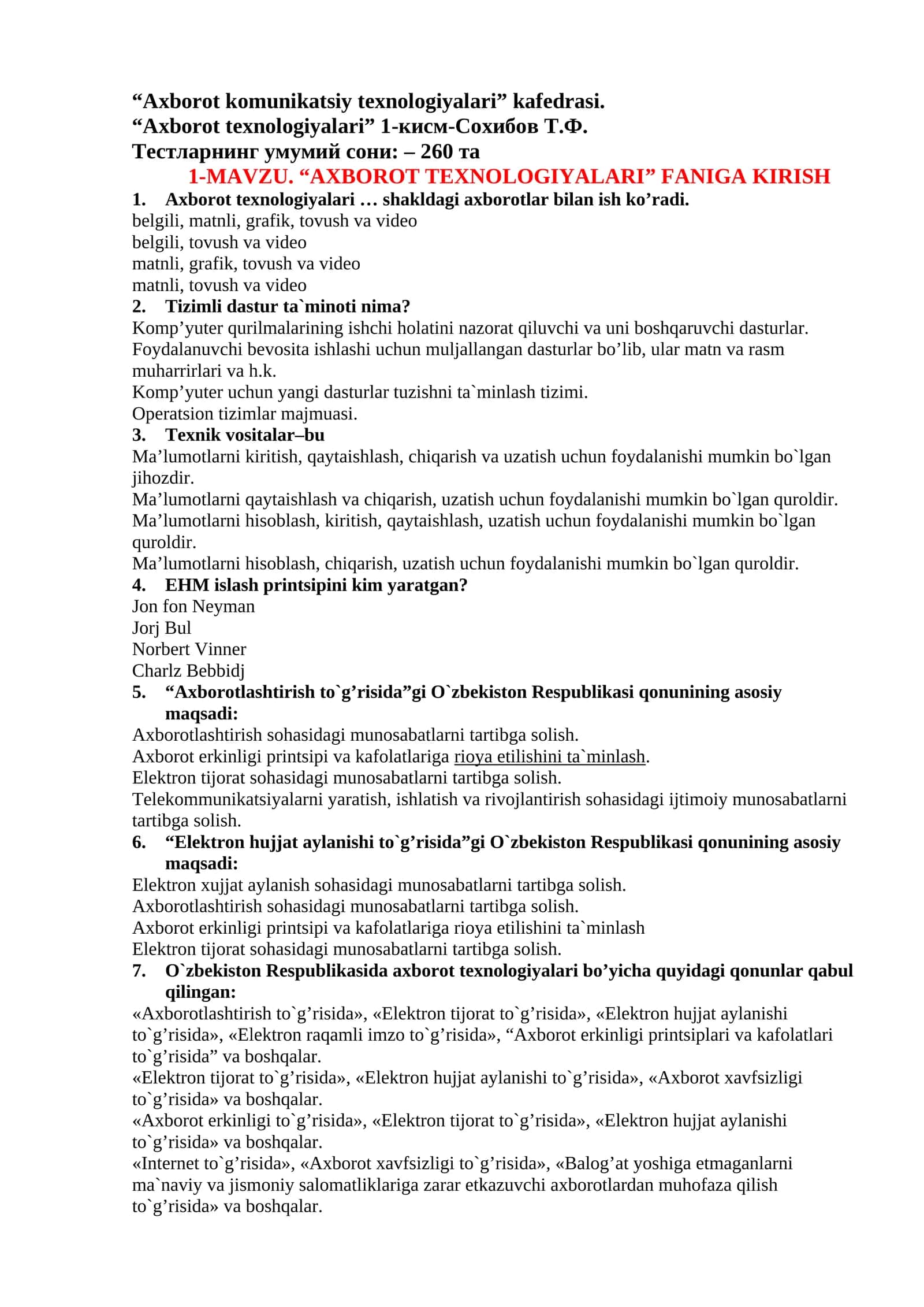 “AXBOROT TEXNOLOGIYALARI” FANIGA KIRISH