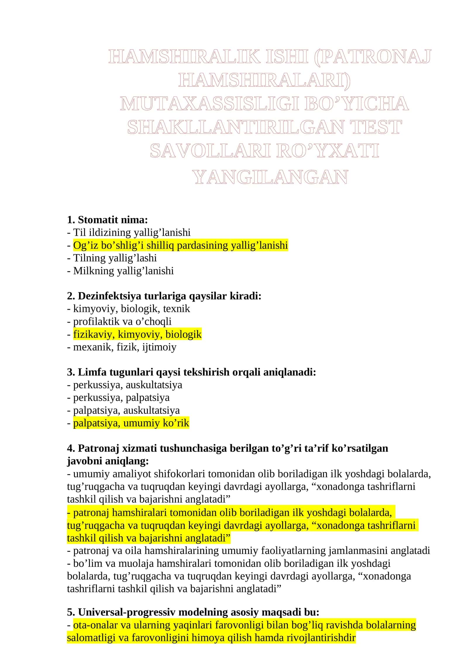 HAMSHIRALIK ISHI (PATRONAJ HAMSHIRALARI) MUTAXASSISLIGI BO’YICHA SHAKLLANTIRILGAN TEST SAVOLLARI RO’YXATI