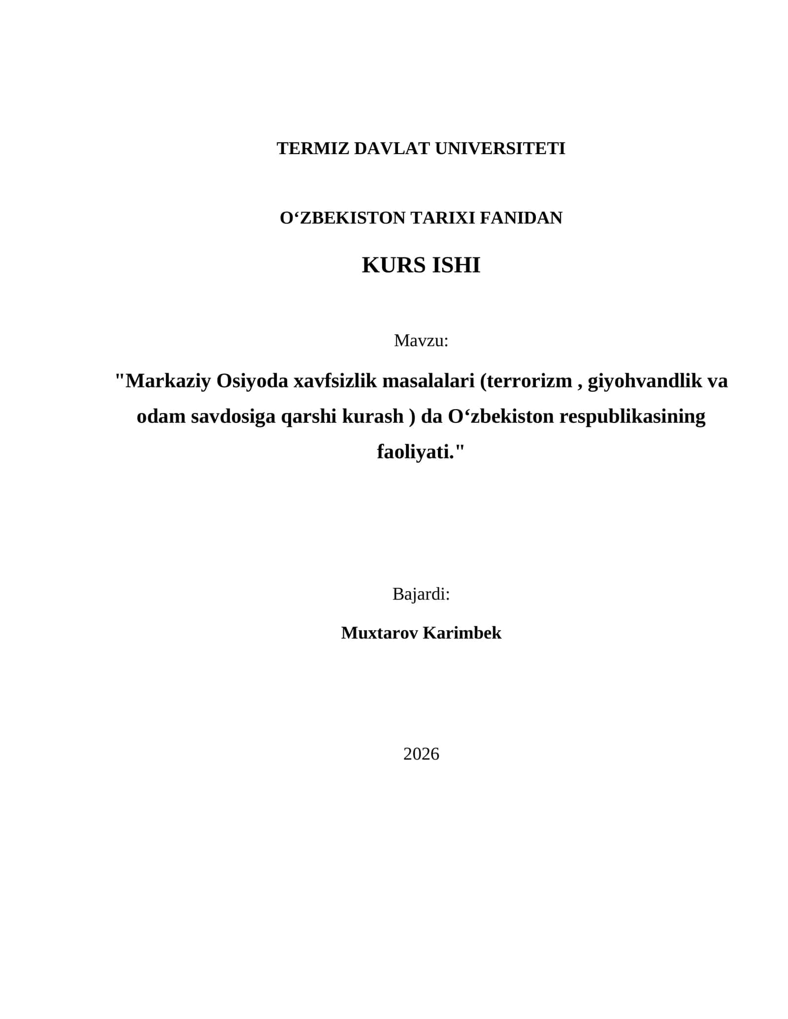 TERMIZ DAVLAT UNIVERSITETI OʻZBEKISTON TARIXI FANIDAN KURS ISHI
