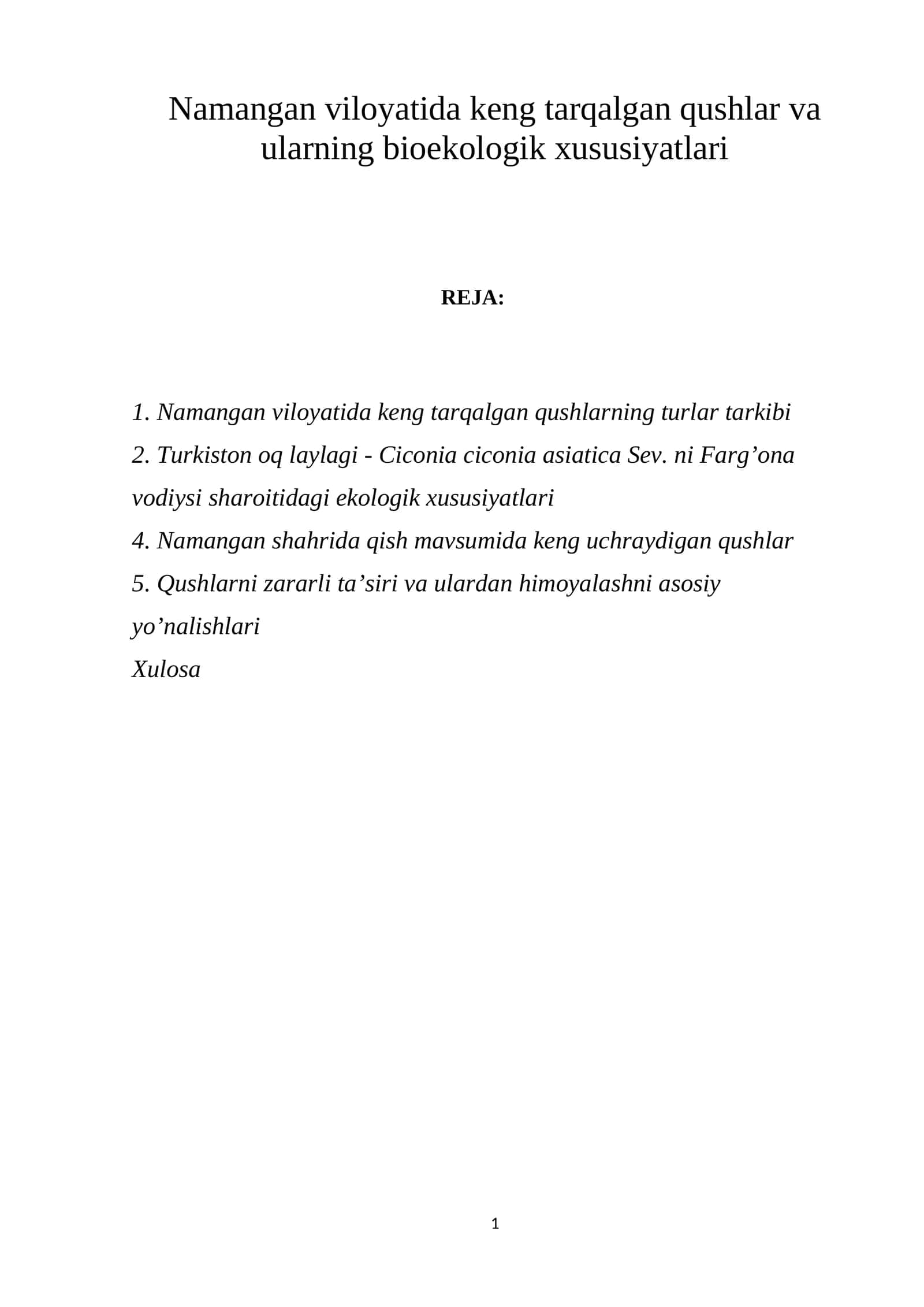 Namangan viloyatida keng tarqalgan qushlar va ularning bioekologik xususiyatlari