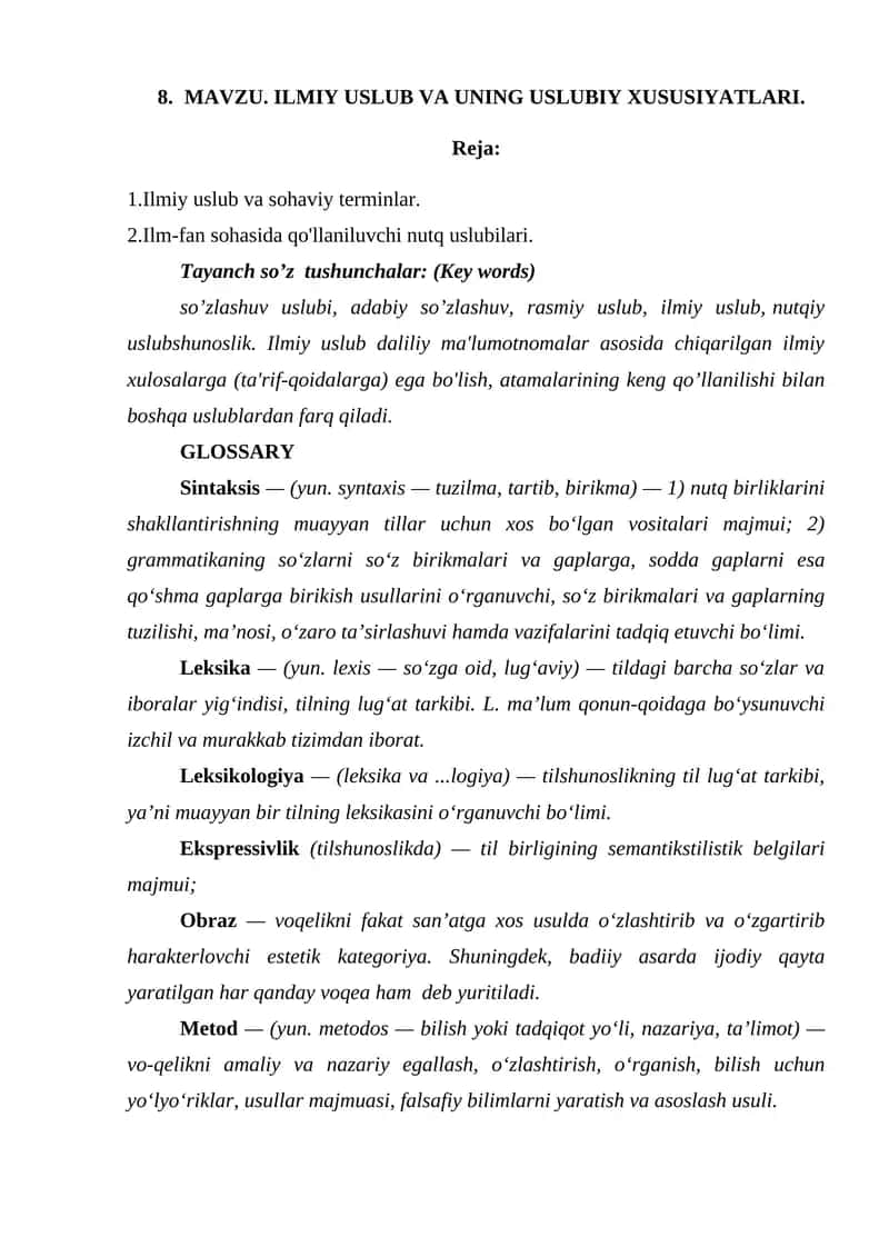 ILMIY USLUB VA UNING USLUBIY XUSUSIYATLARI