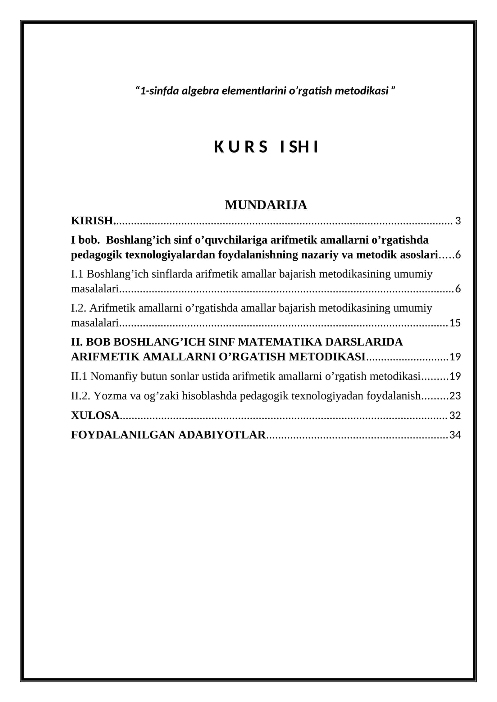 1-sinfda algebra elementlarini o’rgatish metodikasi