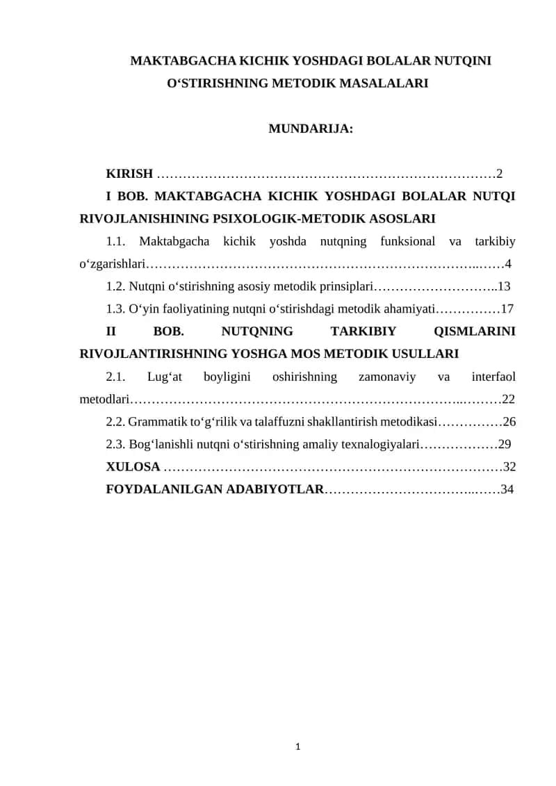 MAKTABGACHA KICHIK YOSHDAGI BOLALAR NUTQINI O‘STIRISHNING METODIK MASALALARI