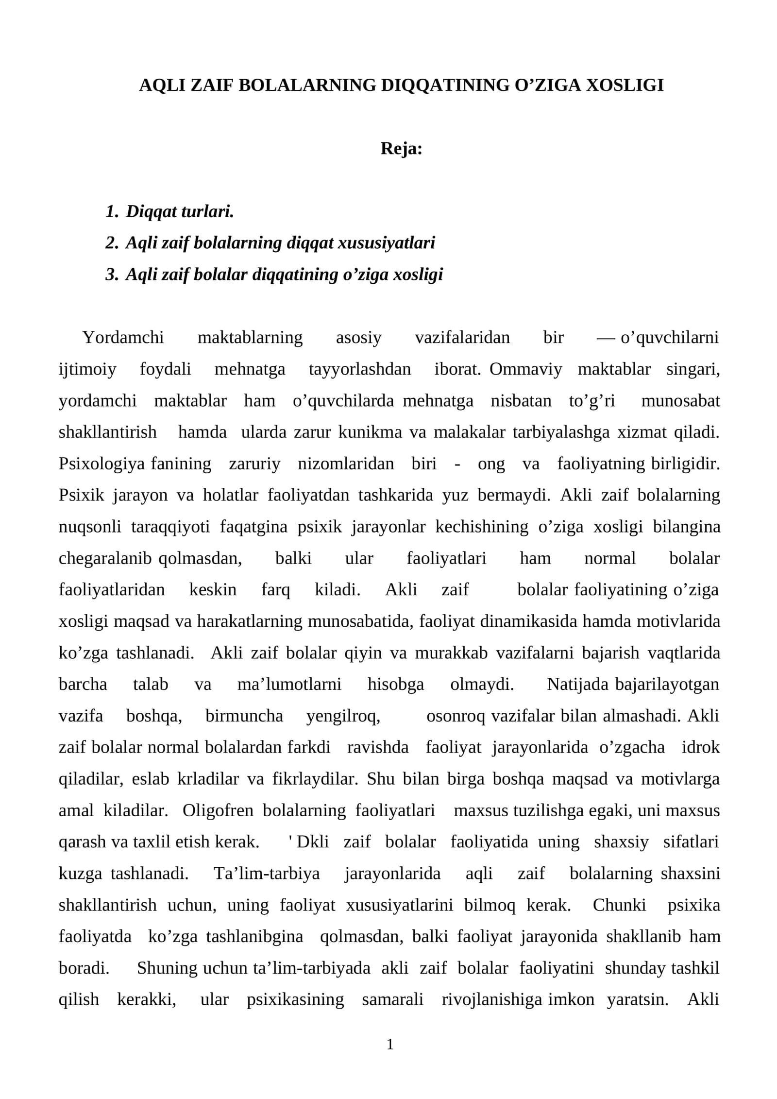 AQLI ZAIF BOLALARNING DIQQATINING O’ZIGA XOSLIGI