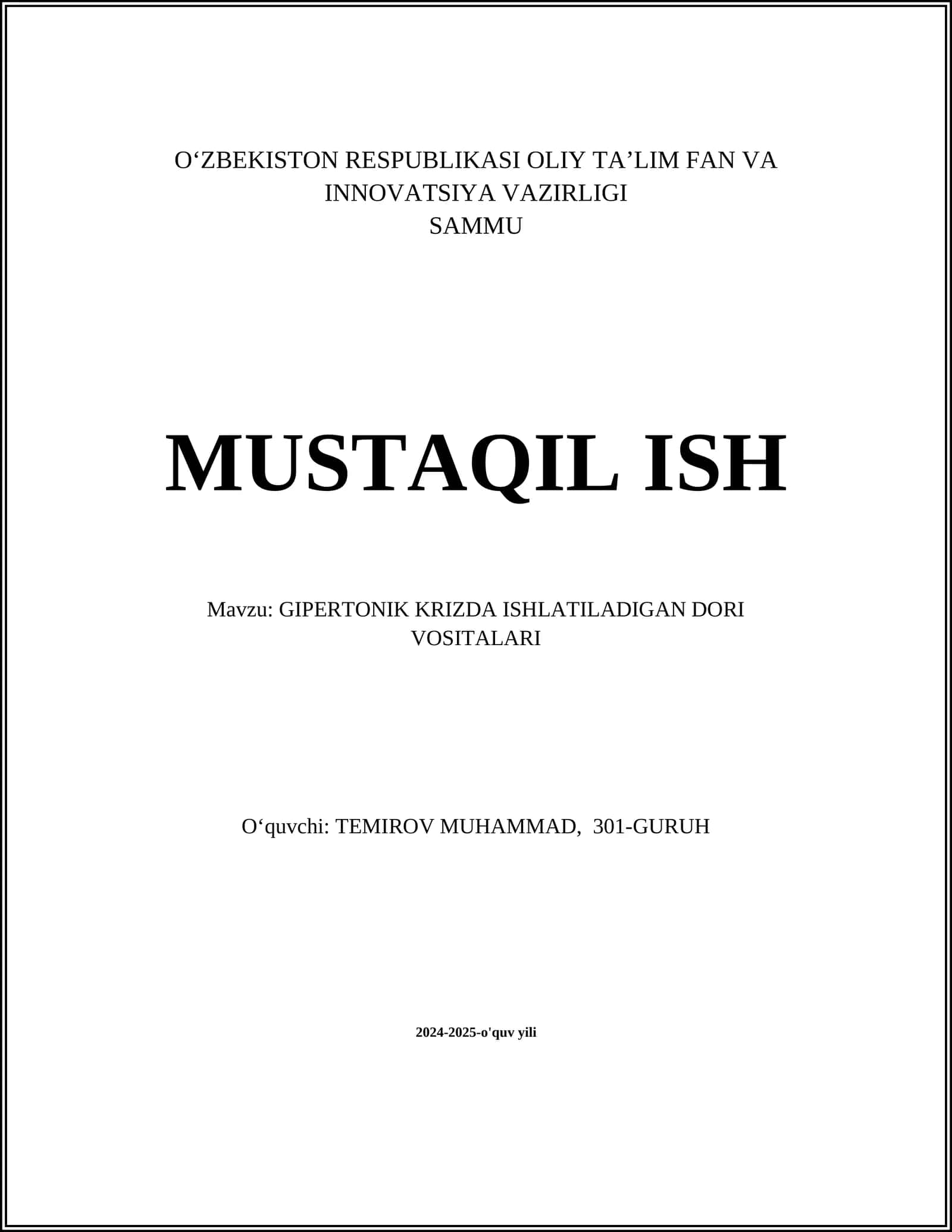 GIPERTONIK KRIZDA ISHLATILADIGAN DORI VOSITALARI