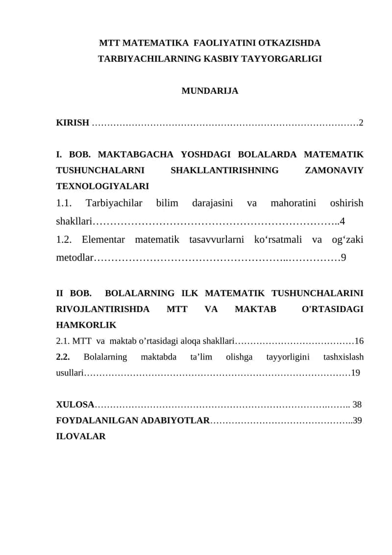 MTT MATEMATIKA FAOLIYATINI OTKAZISHDA TARBIYACHILARNING KASBIY TAYYORGARLIGI