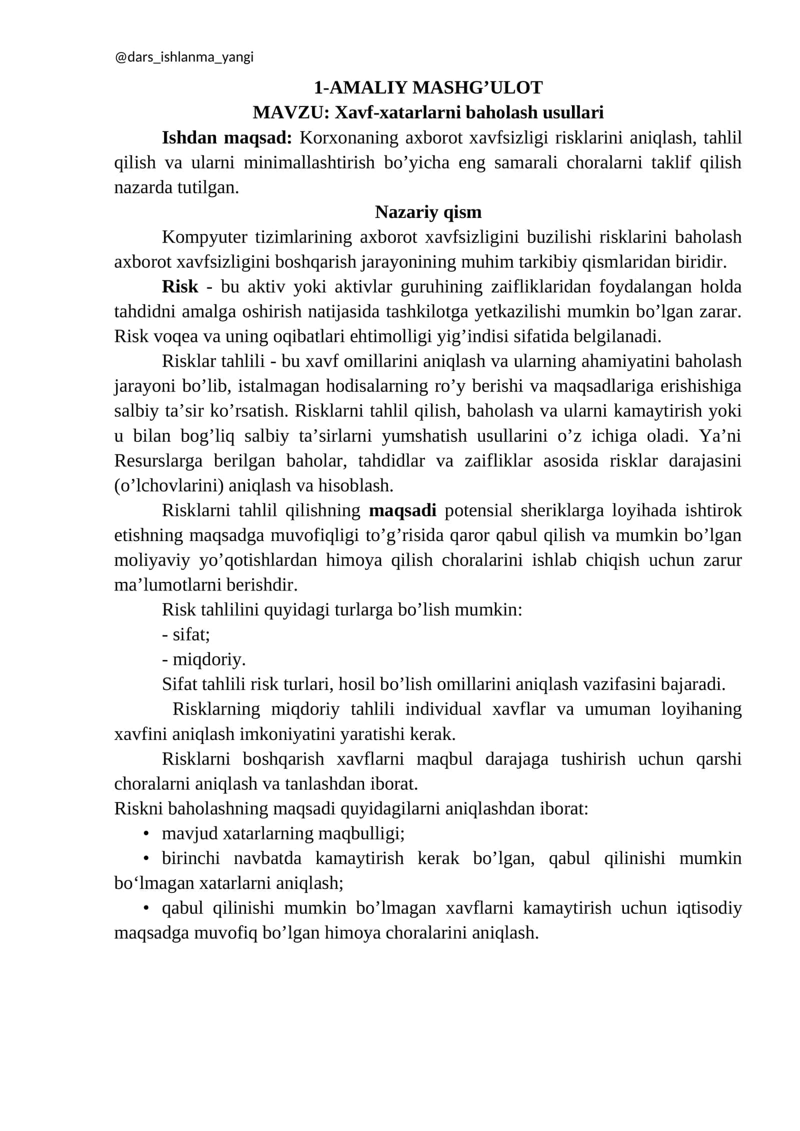 Xavf-xatarlarni baholash usullari