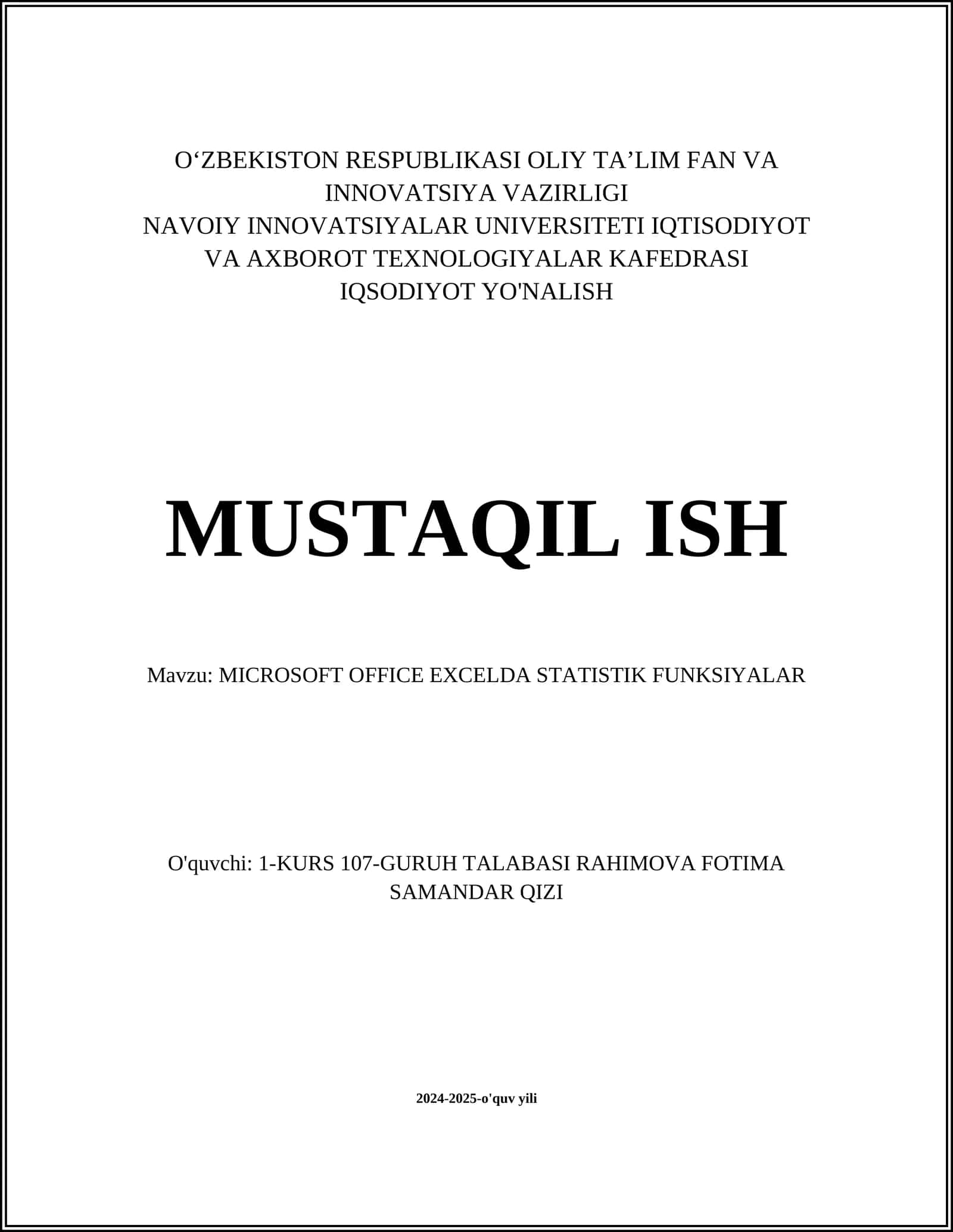 MICROSOFT OFFICE EXCELDA STATISTIK FUNKSIYALAR