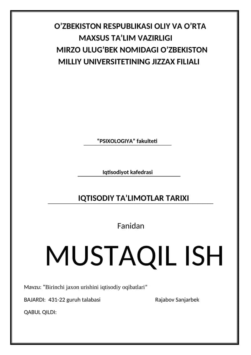 Birinchi jaxon urishini iqtisodiy oqibatlari