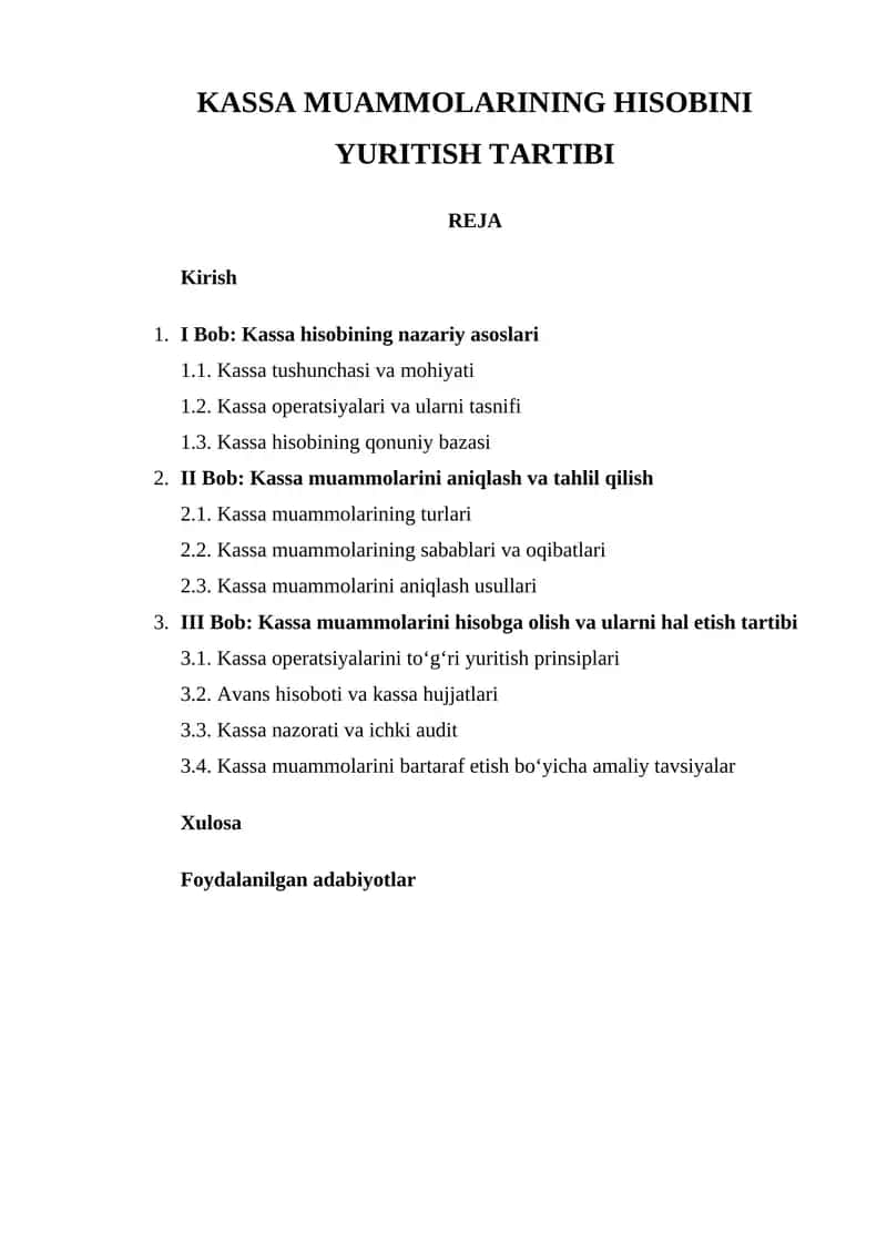 Kassa Muammolarining Hisobini Yuritish Tartibi