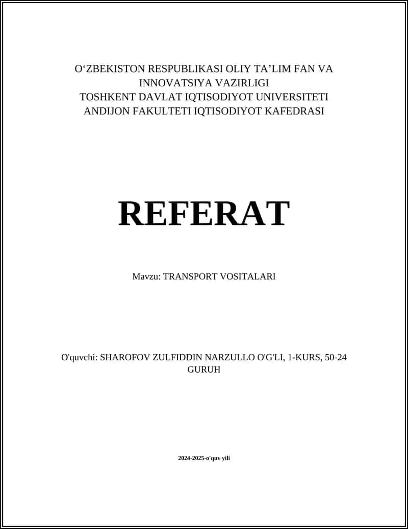 REFERAT Mavzu: TRANSPORT VOSITALARI
