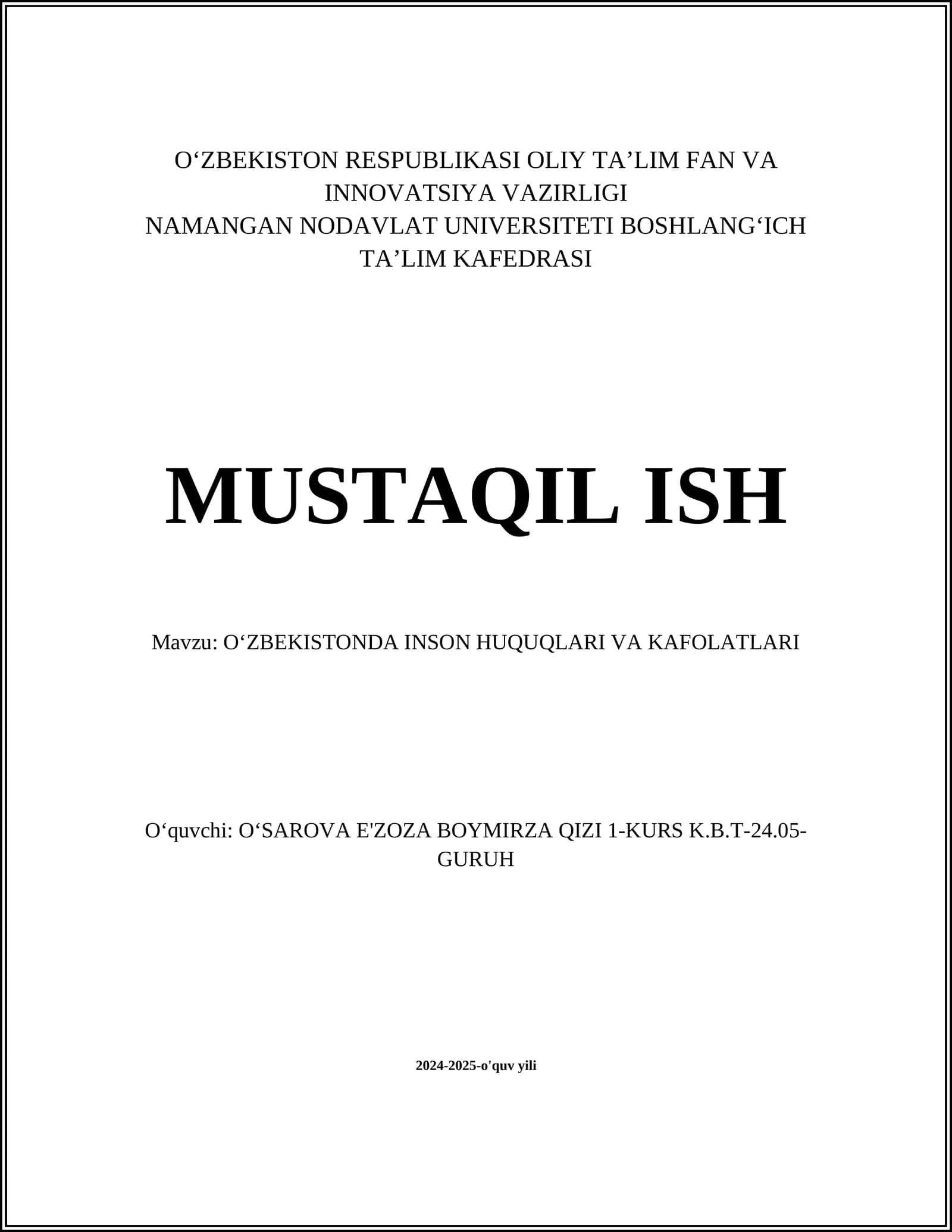 OʻZBEKISTONDA INSON HUQUQLARI VA KAFOLATLARI