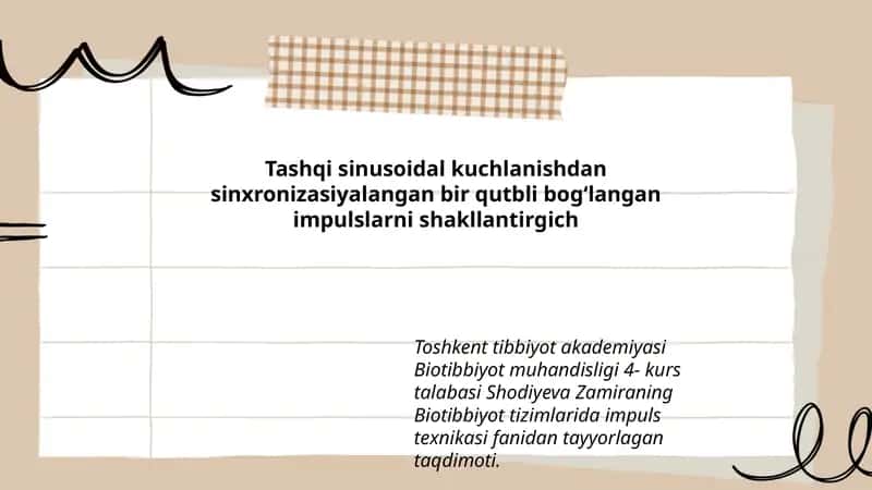 Tashqi sinusoidal kuchlanishdan sinxronizasiyalangan bir qutbli bog‘langan impulslarni shakllantirgich