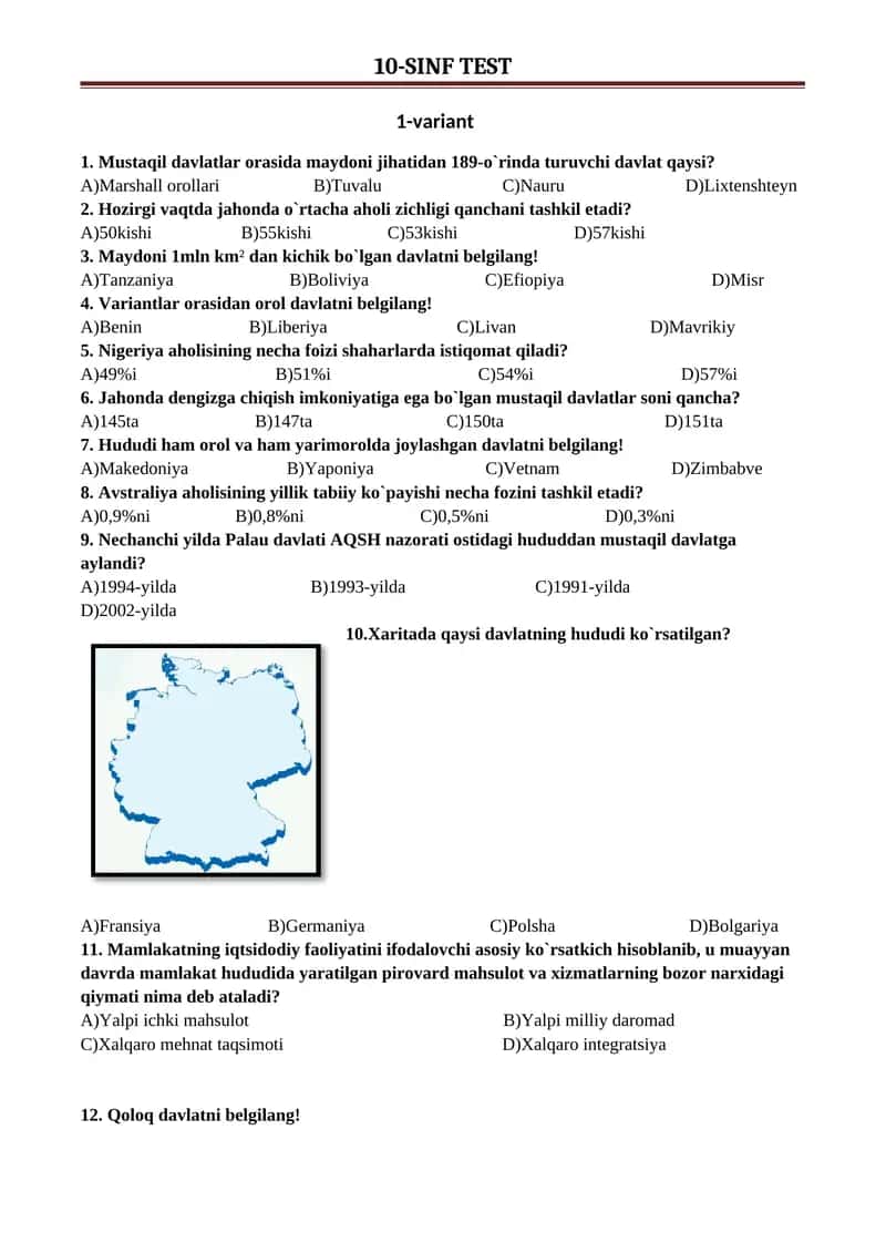 10-sinf. Aralash test. Geografiya