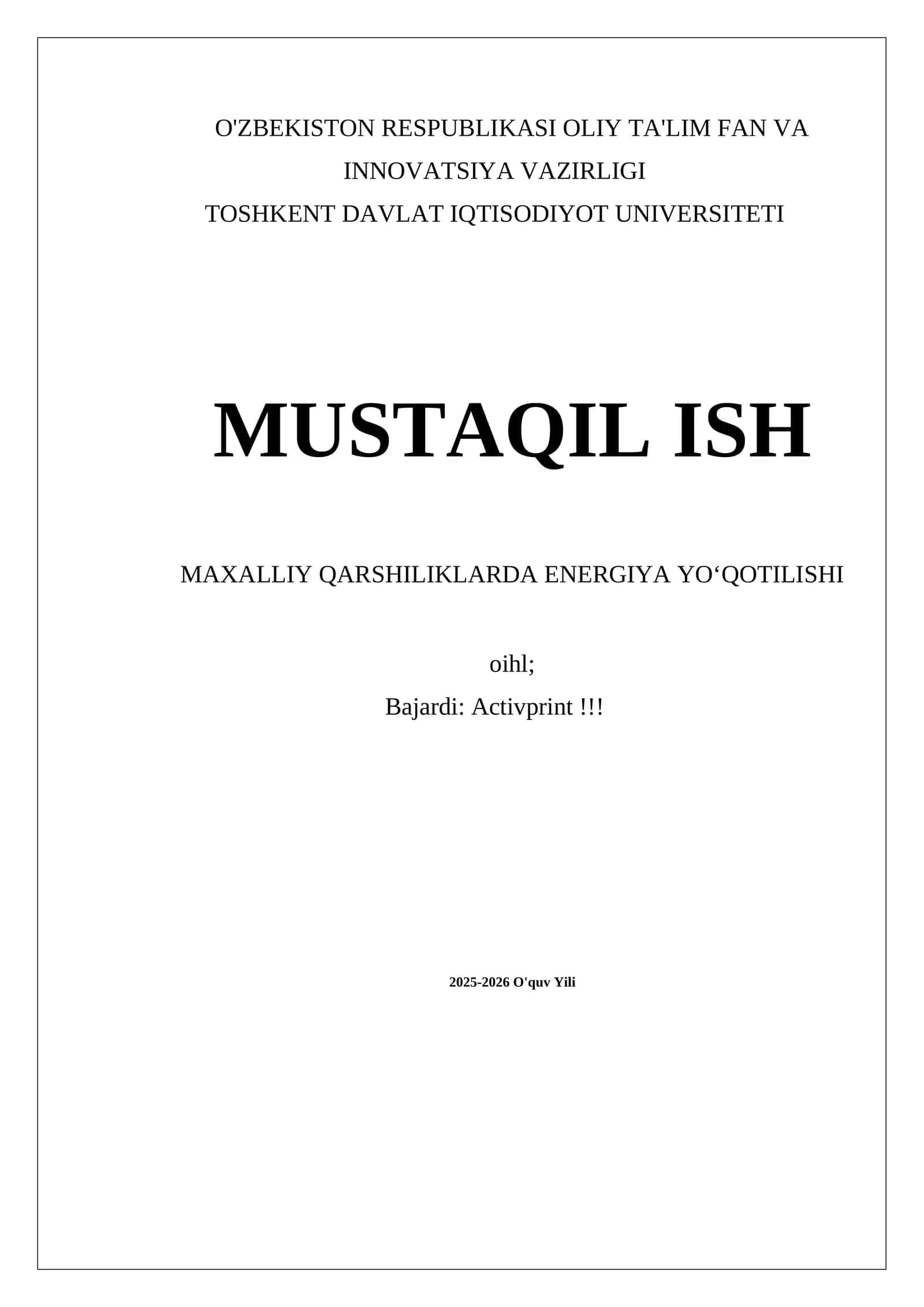 MAXALLIY QARSHILIKLARDA ENERGIYA YOʻQOTILISHI