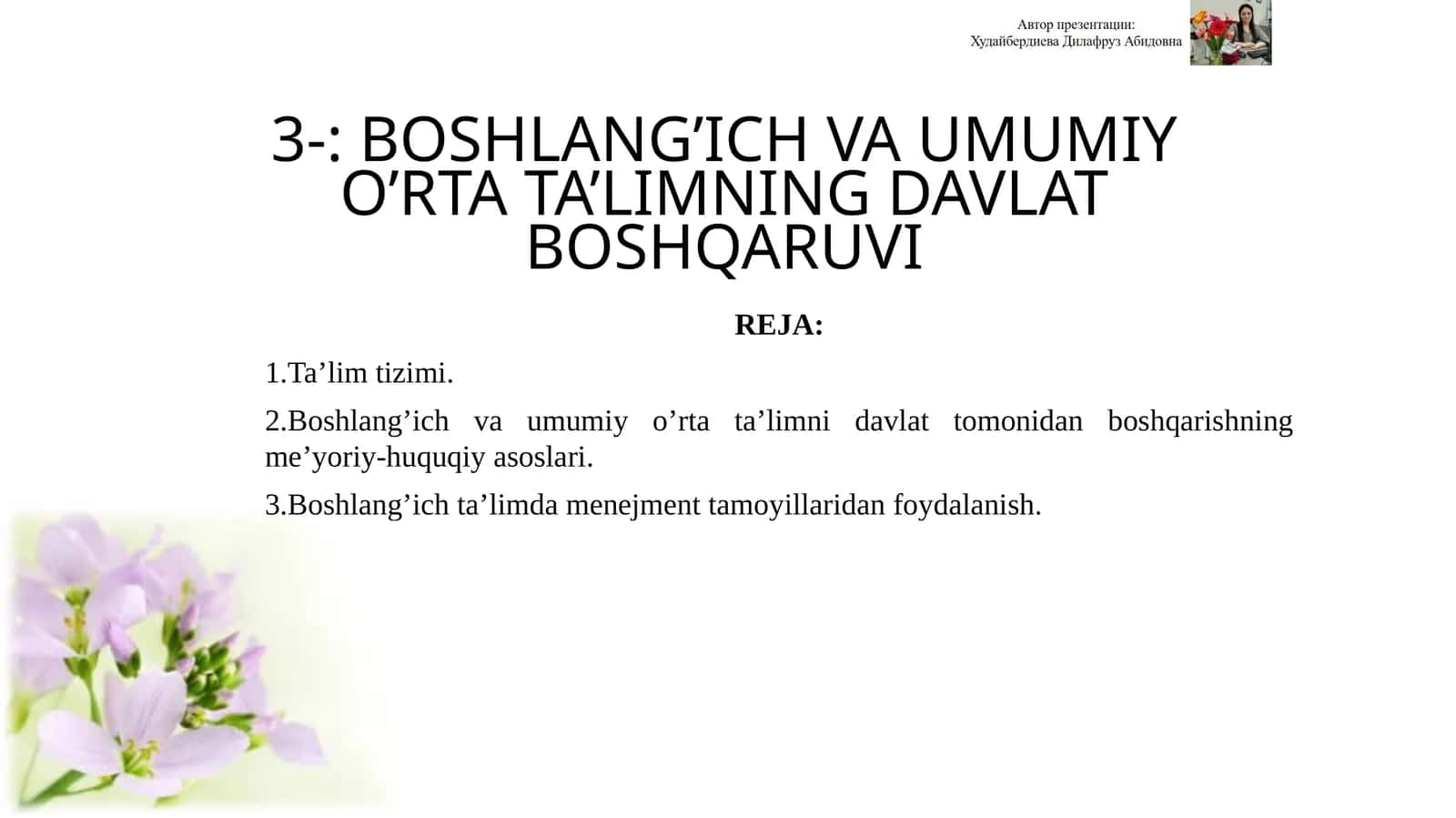 Boshlang’ich va umumiy o’rta ta’limning davlat boshqar uvi